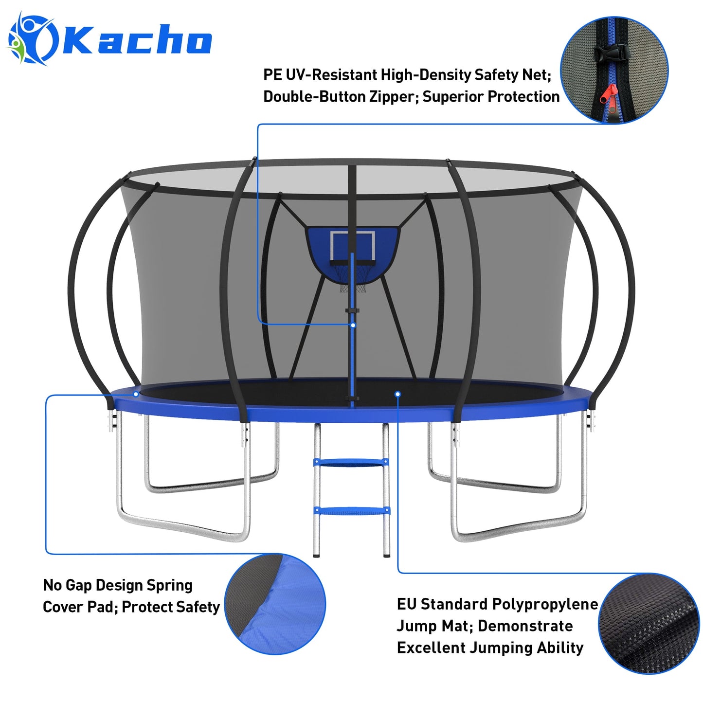 Kacho Trampoline for 4-5Kids and 1-2 Adults, 12FT 1200LBS Trampoline with Enclosure Net, Ladder, Backyard Trampoline with Basketball Hoop, Heavy Duty No-Gap Design Outdoor Recreational Trampoline