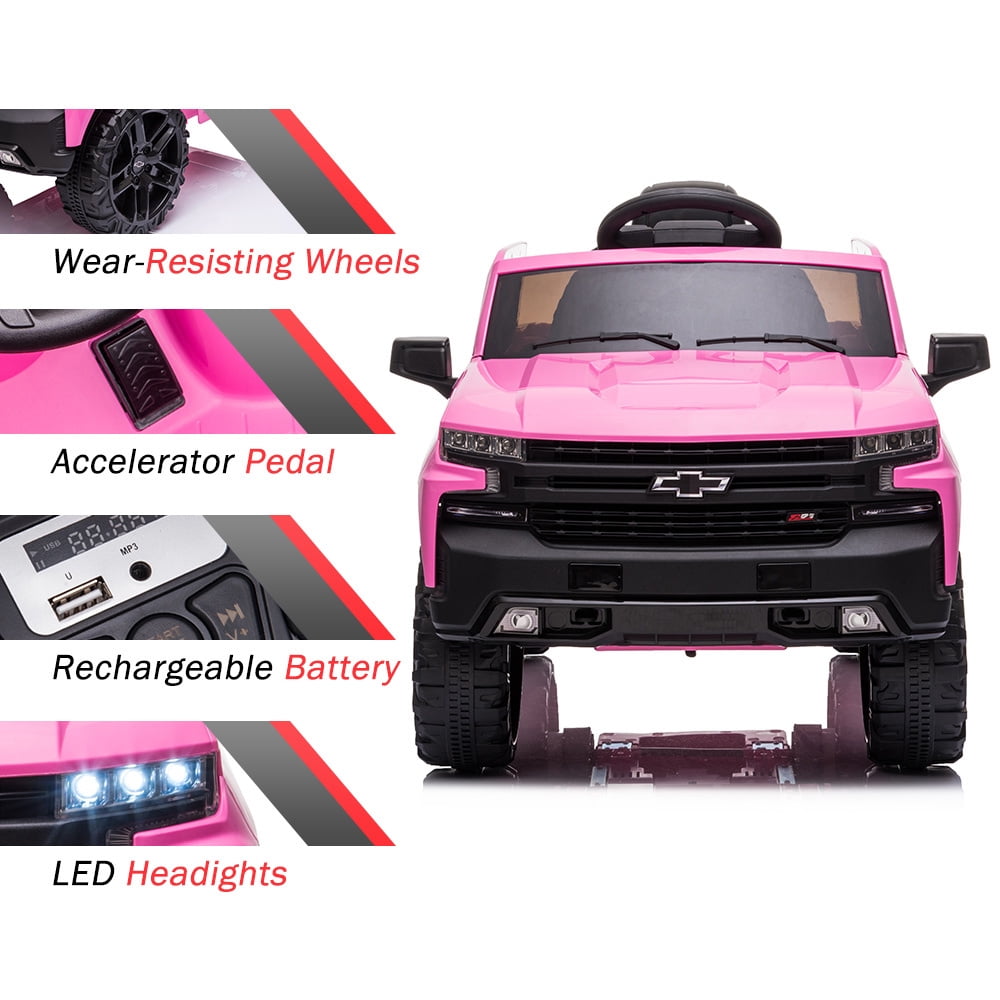 Chevrolet Silverado 12V Ride on Truck, Black Ride on Toys with Remote Control, Battery Powered Ride on Cars for Boys, Electric Cars for Kids to Ride, LED Lights, MP3 Music, Foot Pedal, CL220