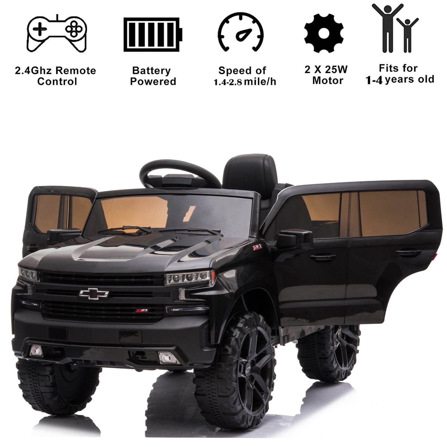 Chevrolet Silverado 12V Powered Ride on Cars for Kids, Remote Control, LED Light, MP3 Player, Electric Ride on Toys Truck for Boys Girls Gifts, White