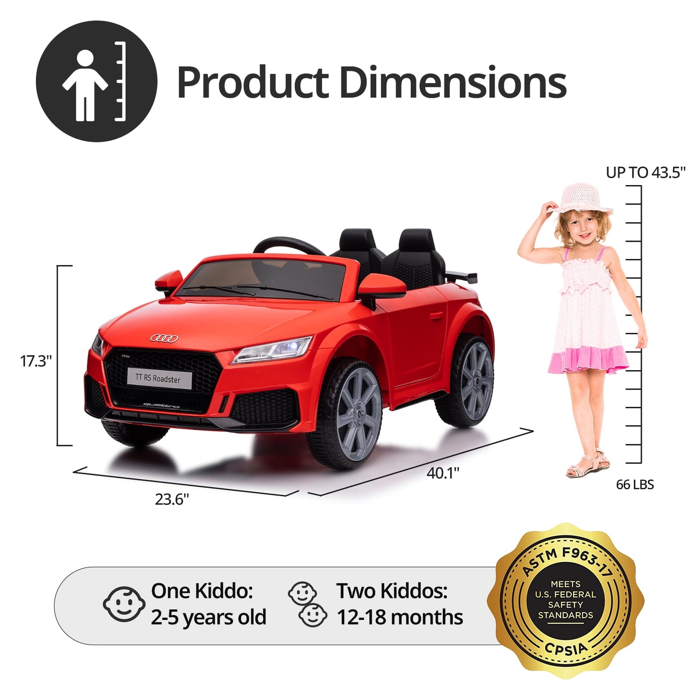 Hikiddo Electric Ride on Car for Kids, Licensed Audi 12V 7Ah Kids Ride-on Toy for Toddlers 2-5 Girl with Remote, Bluetooth - Pink
