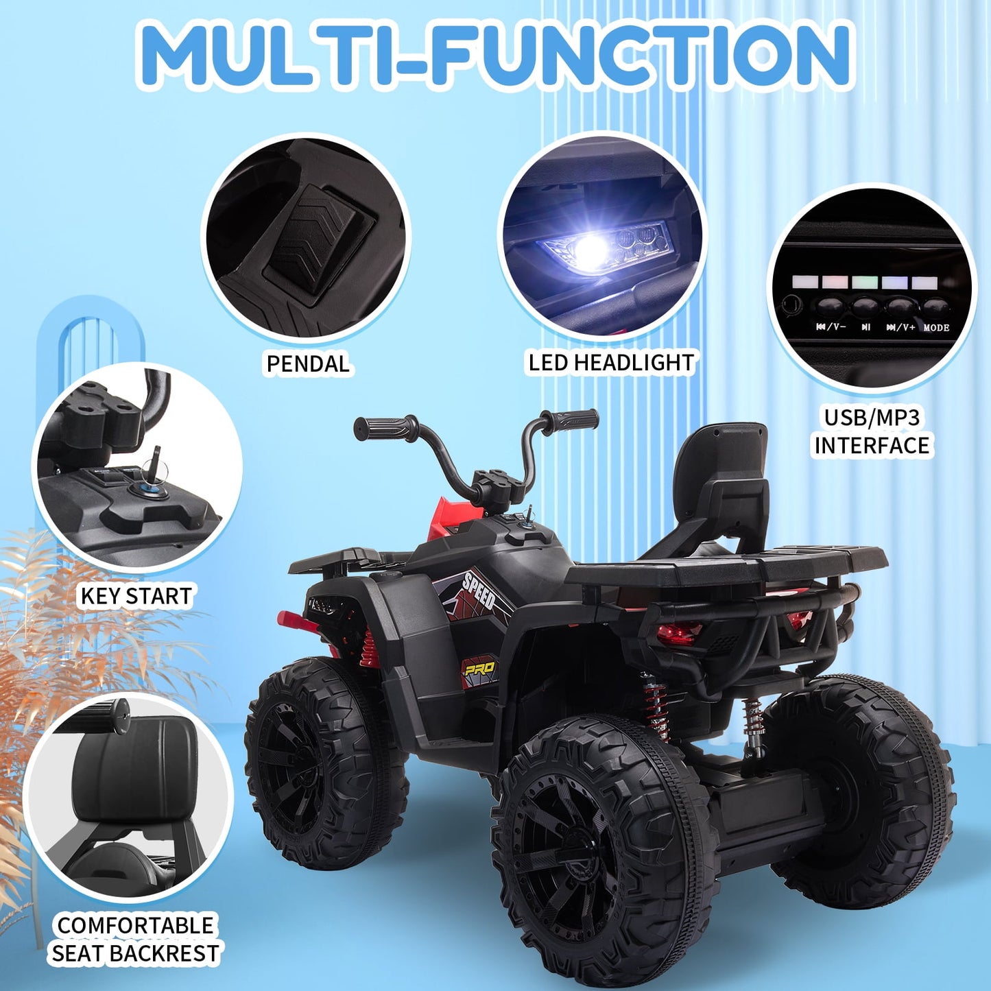 Joyracer 24V Kids Ride on ATV with 2 Seater, 2* 200W Motor 9AH Battery Powered Electric Car w/ LED Lights, High & Low Speed, Music, Suspension, 24 Volt Ride on Toy 4 Wheeler Quad for Boys Girls,Black