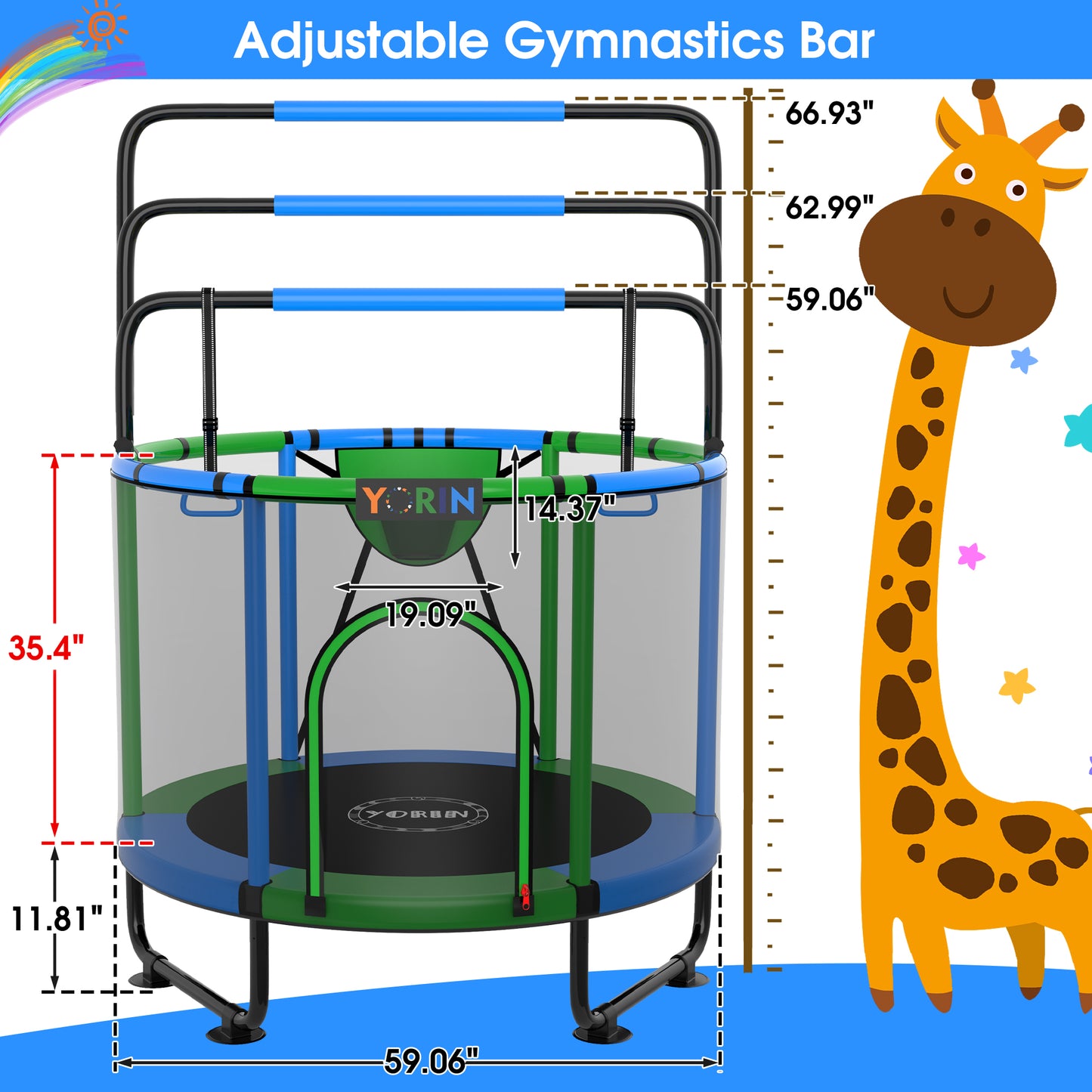 YORIN Trampoline for Kids, 60'' Toddler Mini Trampoline with Enclosure Net, Basketball Hoop, 5FT Indoor/Outdoor Kids Trampoline with Swing, Adjustable Gymnastics Bars, Gifts for Boys & Girls, 600LBS