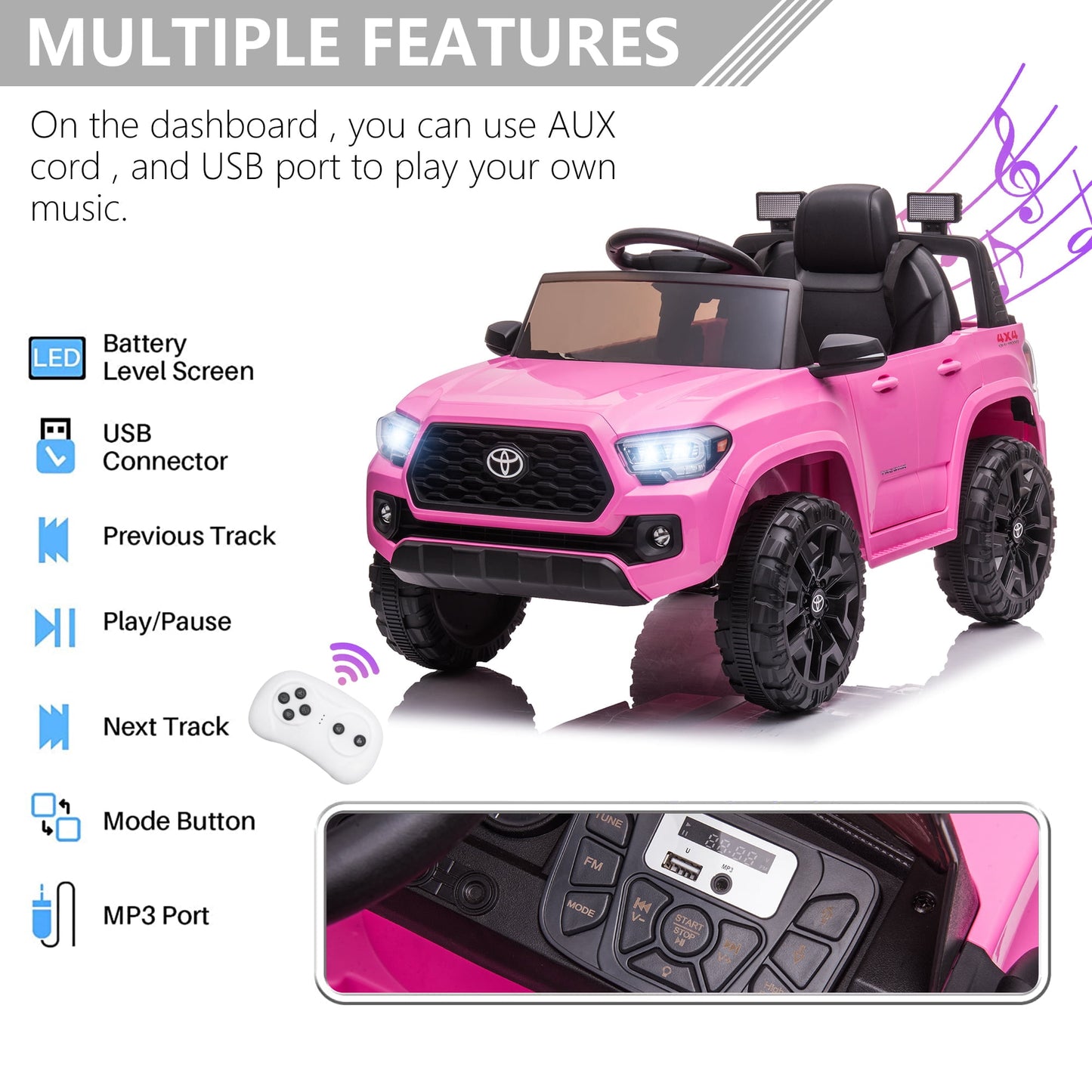 Licensed Toyota Tacoma Electric Ride on Vehicle for Kids, 12V Powered Ride on Car Toys with Remote Control, LED Lights, MP3 Player, Green