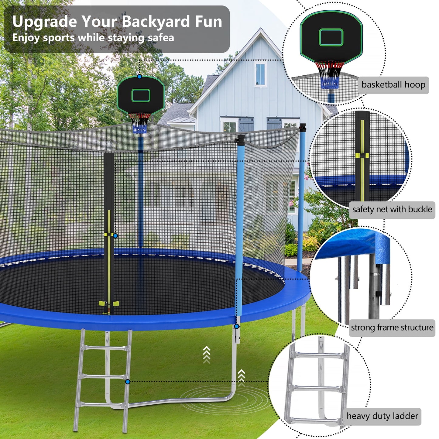 SEGMART 12FT Trampoline for Kids with Basketball Hoop and Enclosure Net/Ladder, Blue