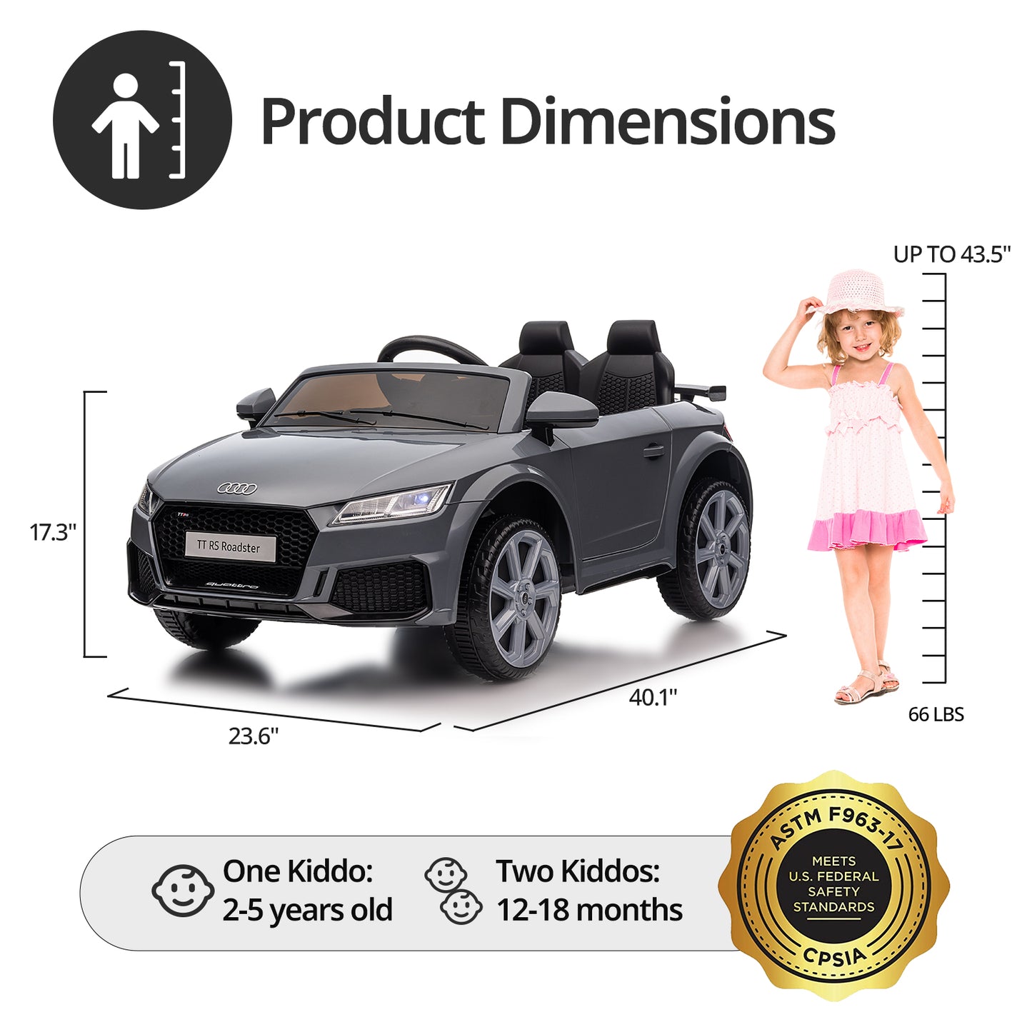 Hikiddo Electric Ride on Car for Kids, Licensed Audi 12V 7Ah Kids Ride-on Toy for Toddlers 2-5 Girl with Remote, Bluetooth - Pink