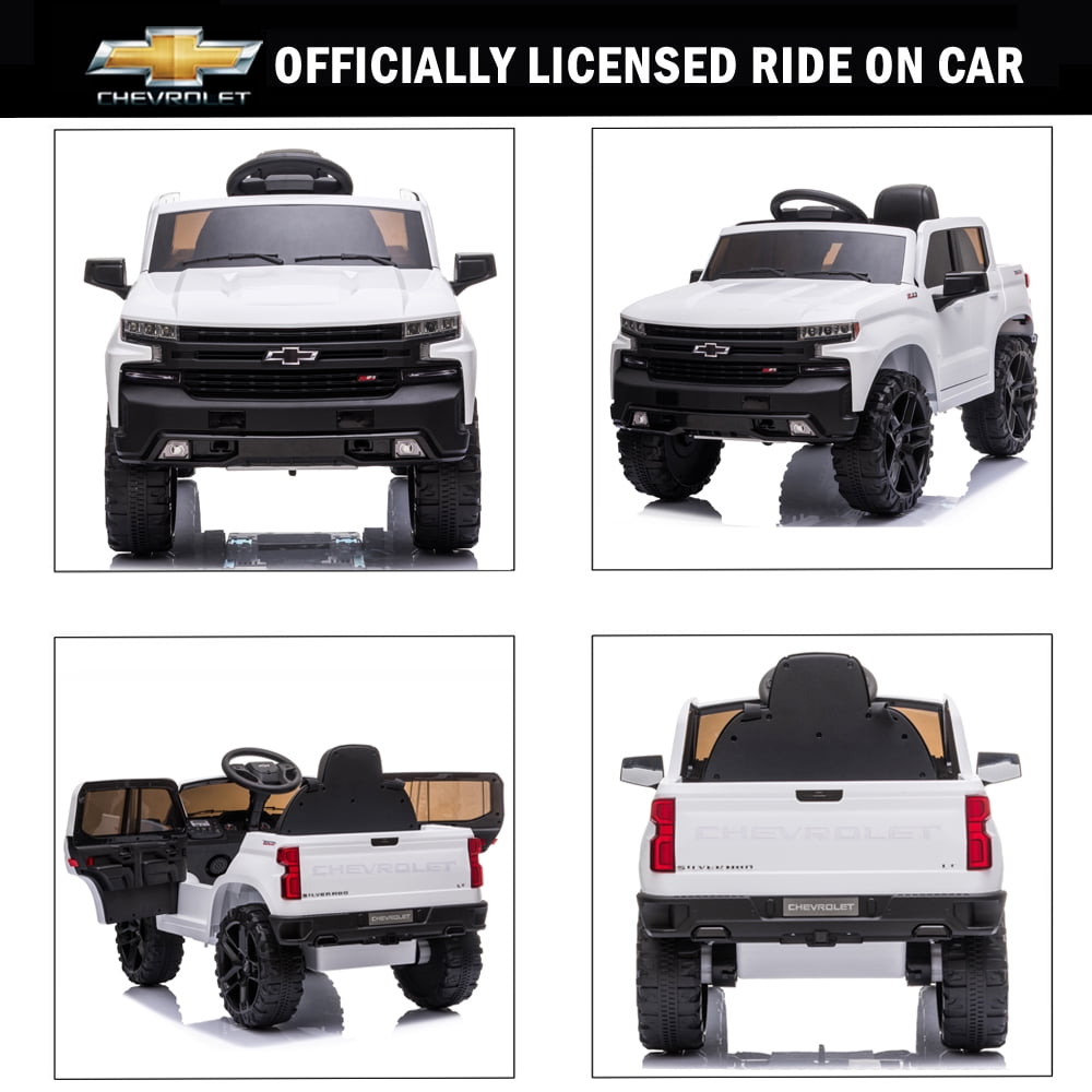 Chevrolet Silverado 12V Powered Ride on Cars for Kids, Remote Control, LED Light, MP3 Player, Electric Ride on Toys Truck for Boys Girls Gifts, White