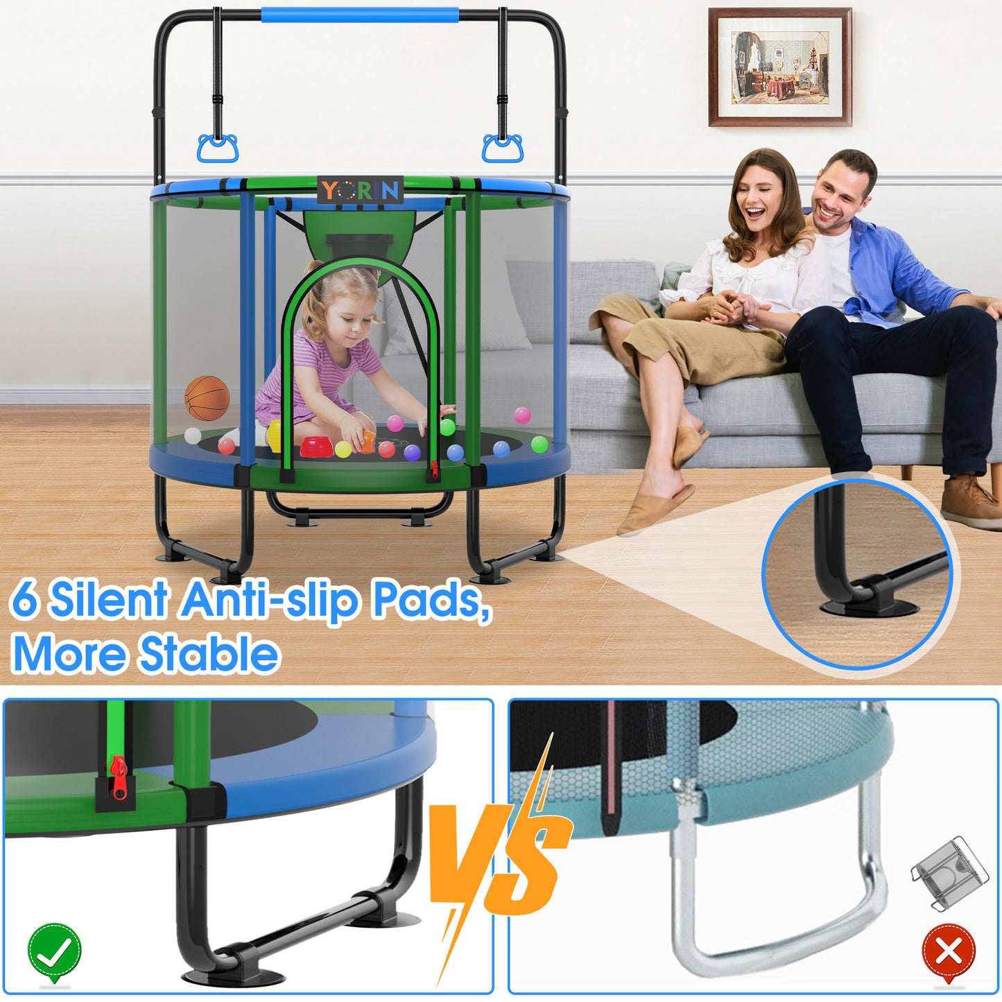 YORIN Trampoline for Kids, 60'' Toddler Mini Trampoline with Enclosure Net, Basketball Hoop, 5FT Indoor/Outdoor Kids Trampoline with Swing, Adjustable Gymnastics Bars, Gifts for Boys & Girls, 600LBS