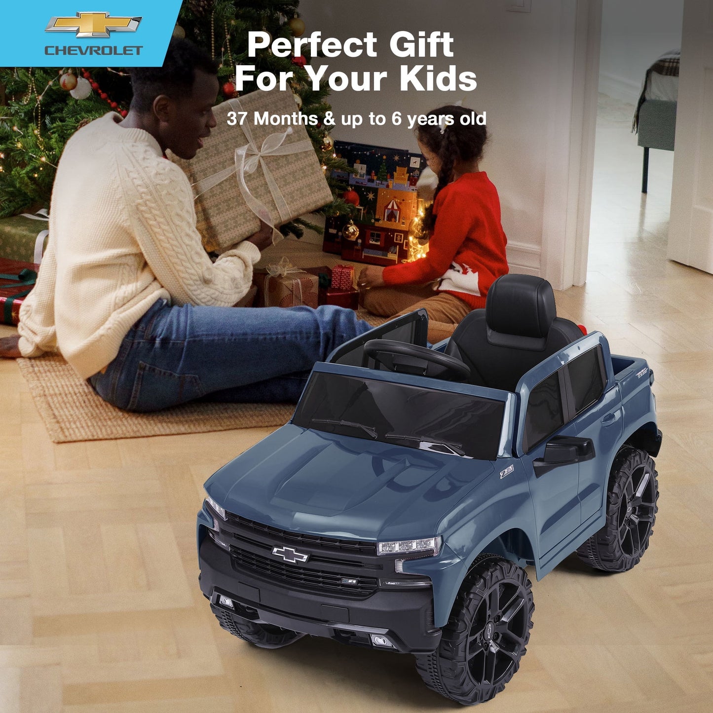 FUNTOK Licensed Chevrolet Silverado 12V Kids Electric Powered Ride on Toy Car with Remote Control & Music Player, Black