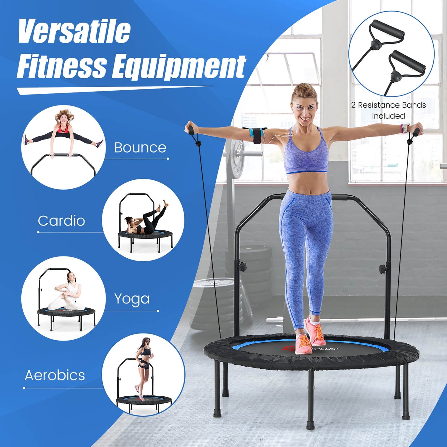 Costway 40'' Foldable Trampoline Fitness Rebounder with Resistance Bands Adjustable Home Green