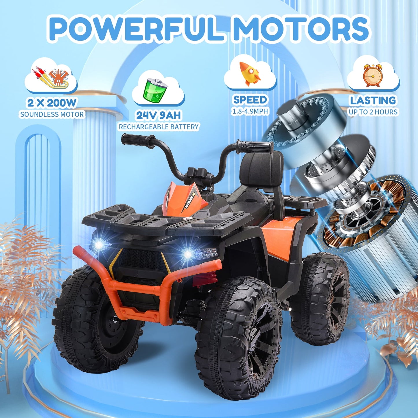Joyracer 24V Kids Ride on ATV with 2 Seater, 2* 200W Motor 9AH Battery Powered Electric Car w/ LED Lights, High & Low Speed, Music, Suspension, 24 Volt Ride on Toy 4 Wheeler Quad for Boys Girls,Black