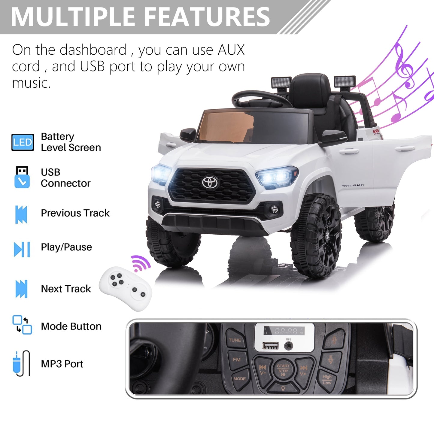 Licensed Toyota Tacoma Electric Ride on Vehicle for Kids, 12V Powered Ride on Car Toys with Remote Control, LED Lights, MP3 Player, Green