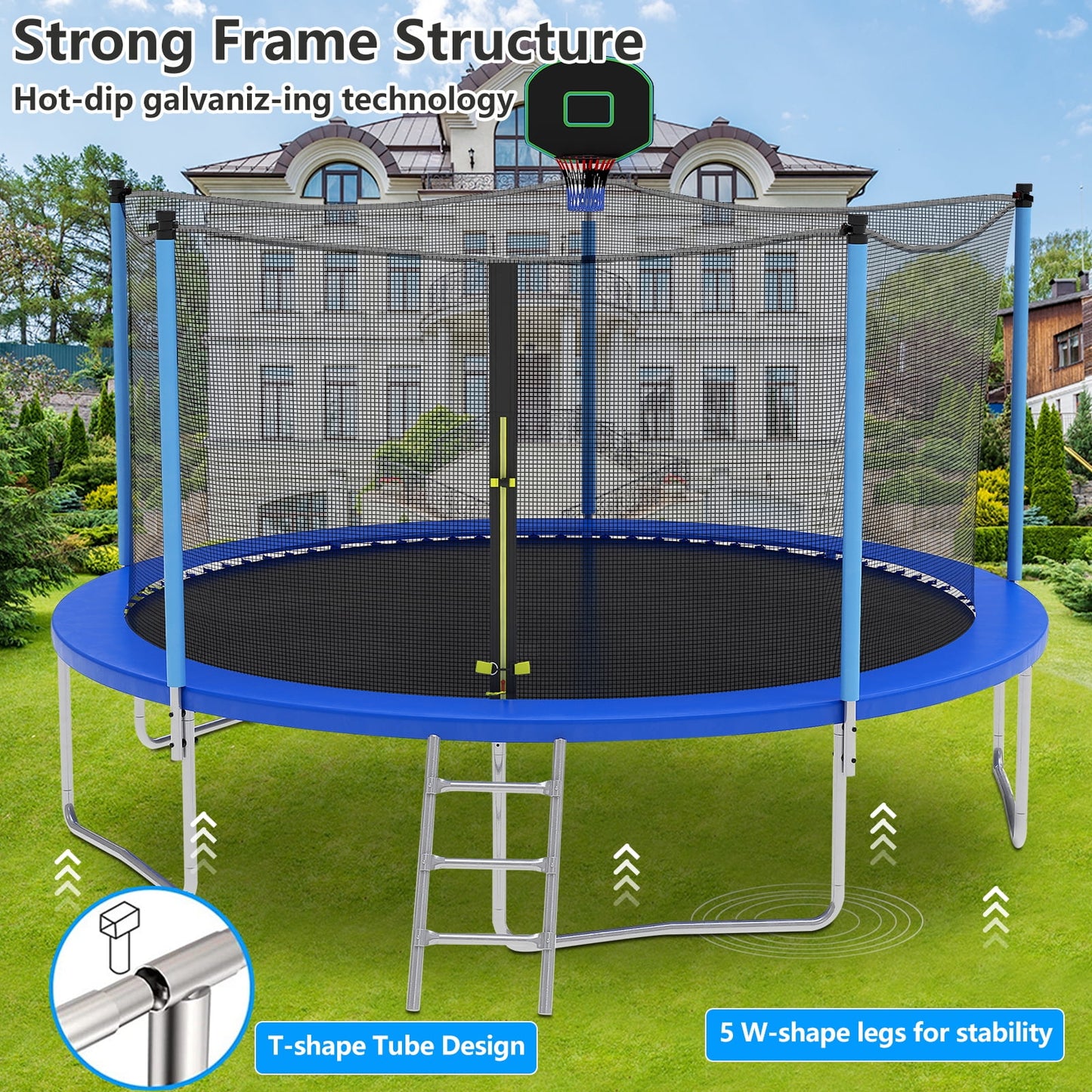 SEGMART 12FT Trampoline for Kids with Basketball Hoop and Enclosure Net/Ladder, Blue