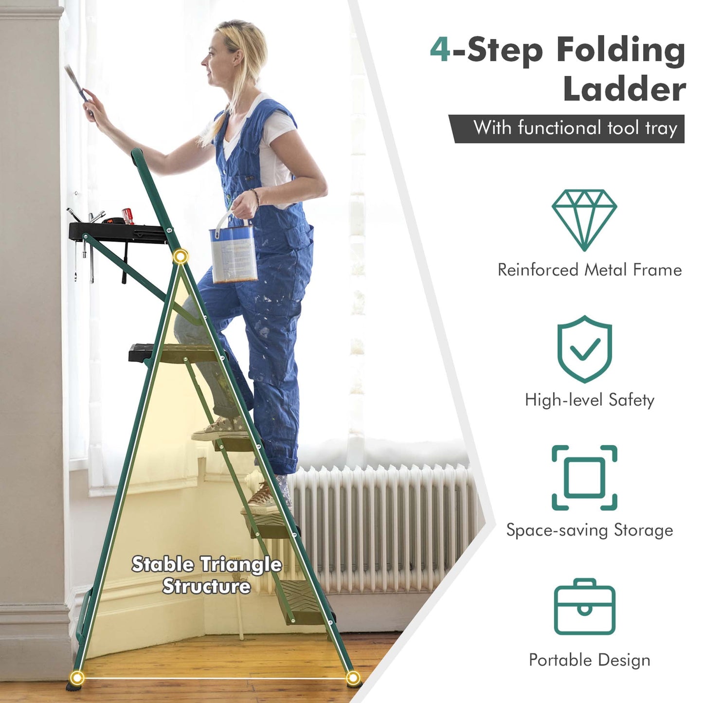 Costway 4 Step Ladder Folding Portable Anti-Slip Steel Step Stool 330lbs with Tool Platform