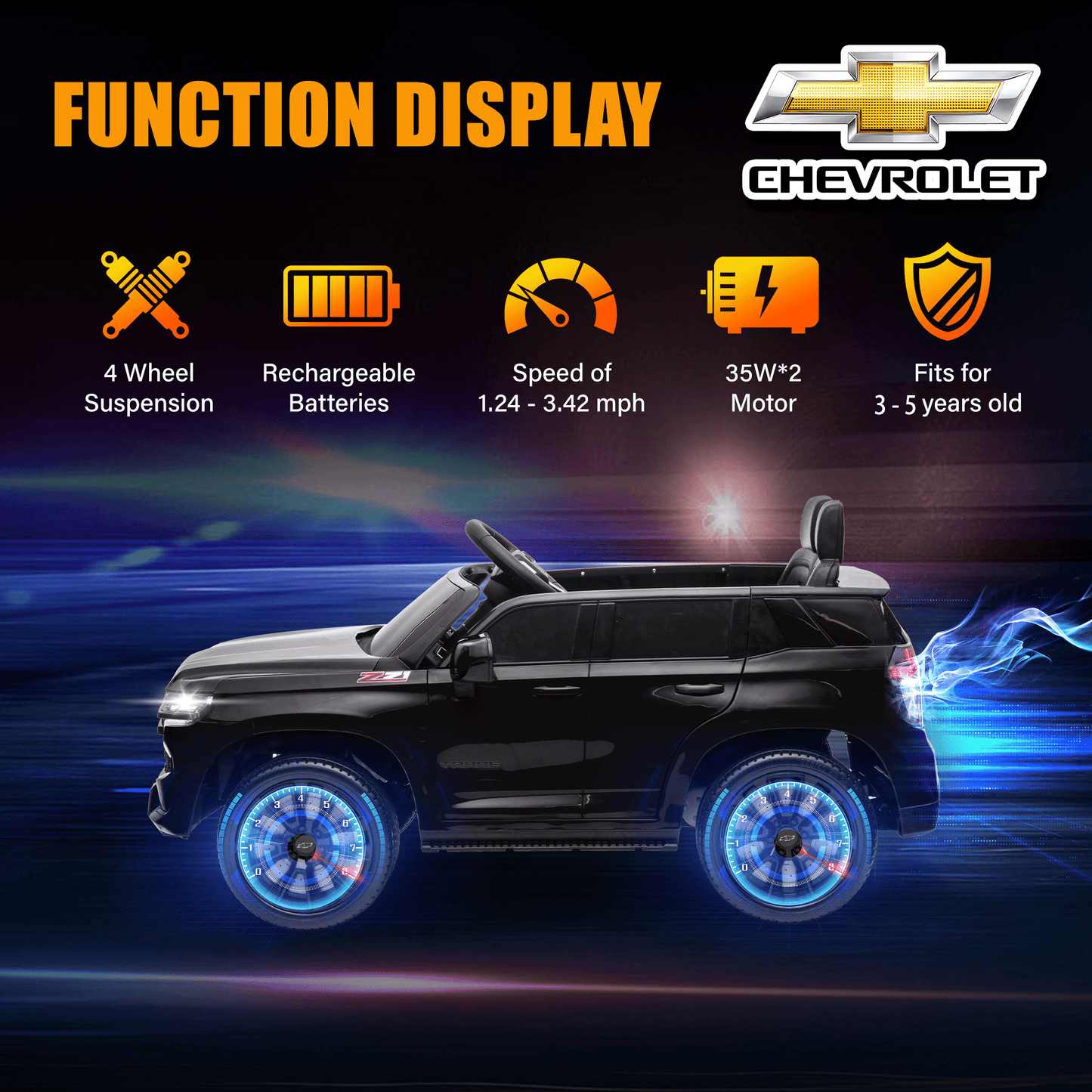 Kids Ride on Car, 12V Powered Ride on Toy with Remote Control, 4 Wheels Suspension, Safety Belt, MP3 Player, LED Lights, Electric Vehicles for 3-5 Years Boys Girls, Black