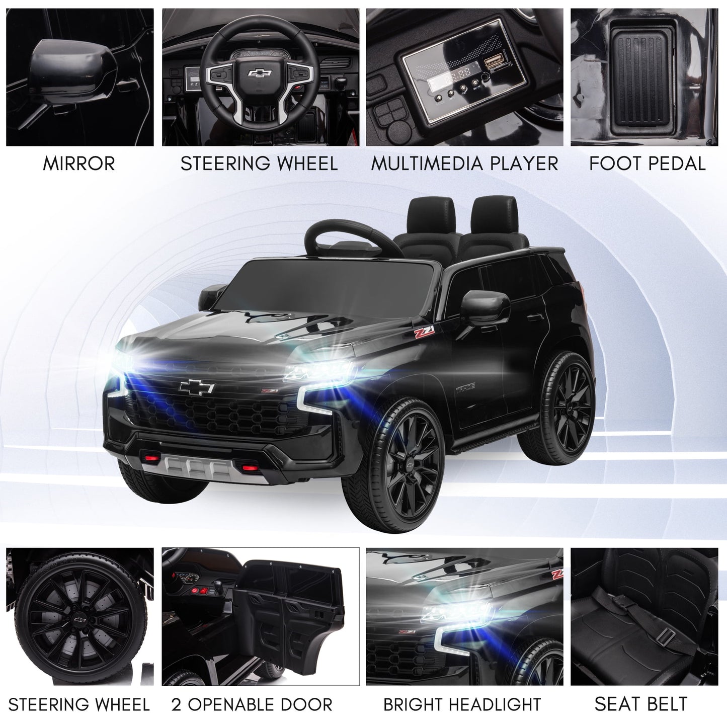 Kids Ride on Car, 12V Powered Ride on Toy with Remote Control, 4 Wheels Suspension, Safety Belt, MP3 Player, LED Lights, Electric Vehicles for 3-5 Years Boys Girls, Black
