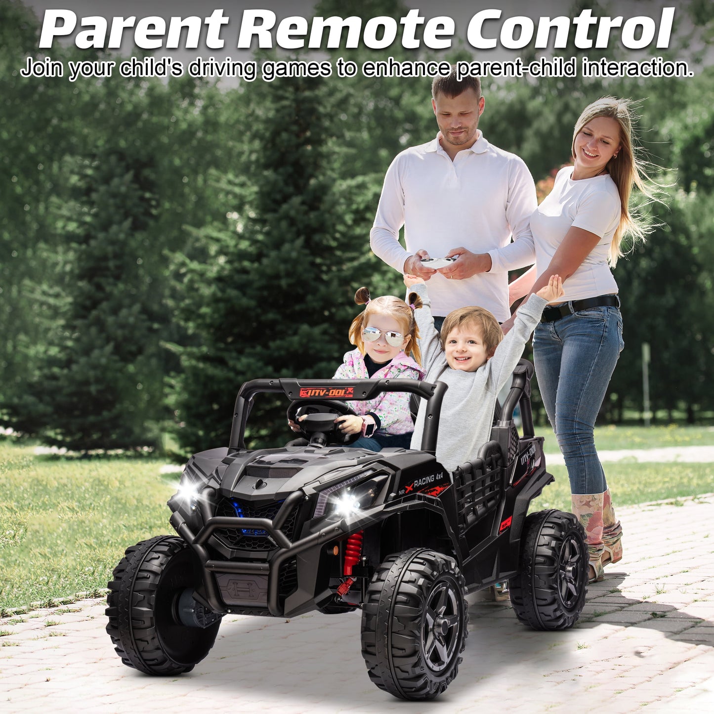 Joyracer 4WD 24V Ride on Toys Car w/ 2 XL Seater Remote Control, Electric Off-Road UTV w/ 4*200W Motor, Powered 4-Wheeler Toy, LED Lights, Spring Suspension, 3 Speeds, Bluetooth Music, Black