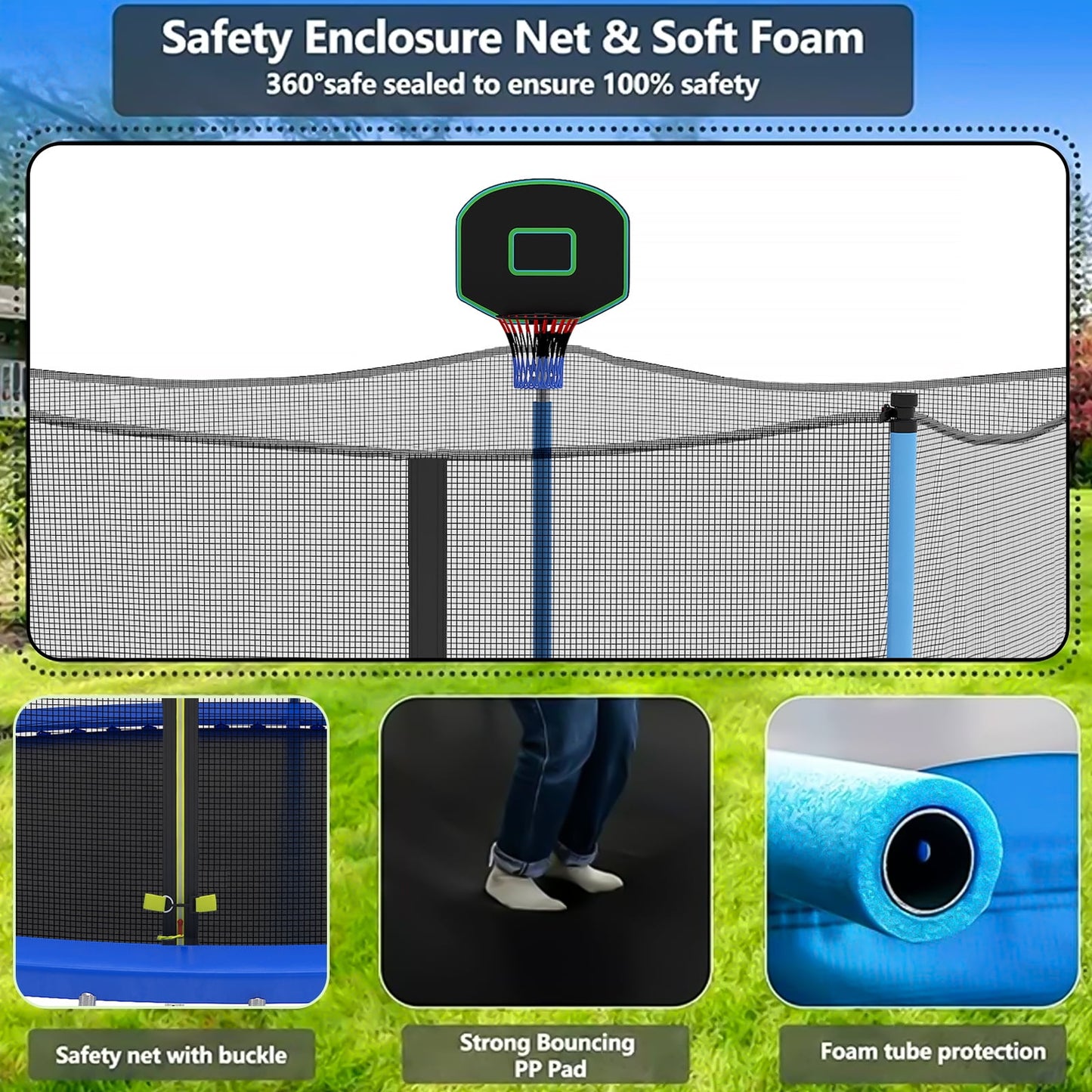 SEGMART 12FT Trampoline for Kids with Basketball Hoop and Enclosure Net/Ladder, Blue