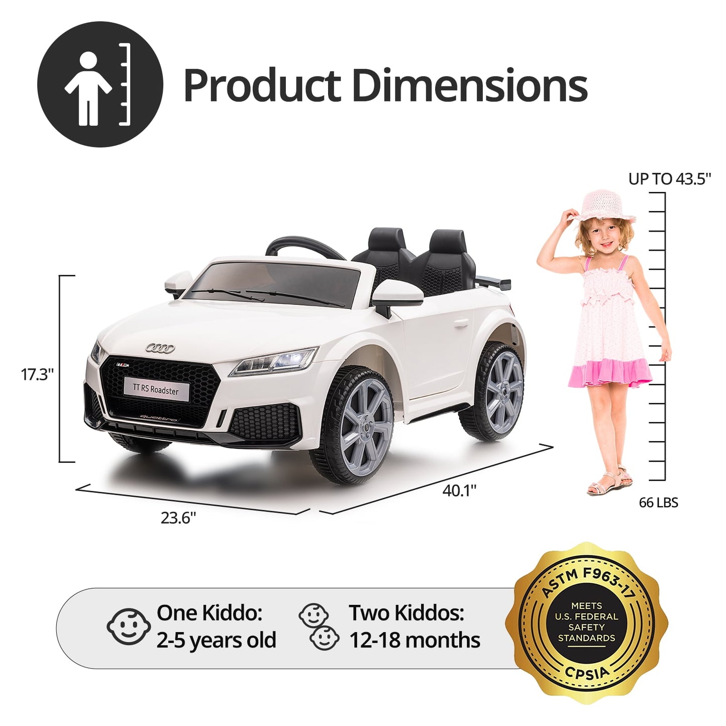 Hikiddo Electric Ride on Car for Kids, Licensed Audi 12V 7Ah Kids Ride-on Toy for Toddlers 2-5 Girl with Remote, Bluetooth - Pink