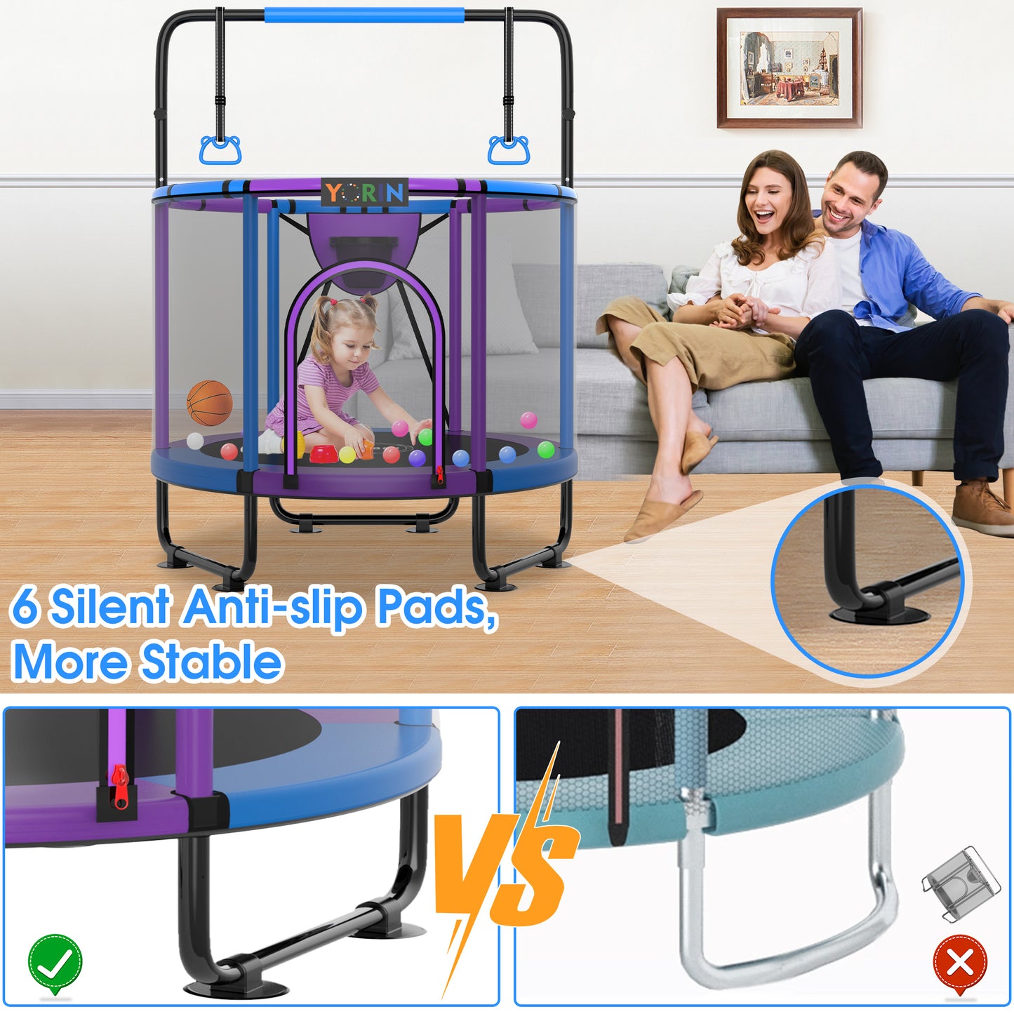 YORIN Trampoline for Kids, 60'' Toddler Mini Trampoline with Enclosure Net, Basketball Hoop, 5FT Indoor/Outdoor Kids Trampoline with Swing, Adjustable Gymnastics Bars, Gifts for Boys & Girls, 600LBS