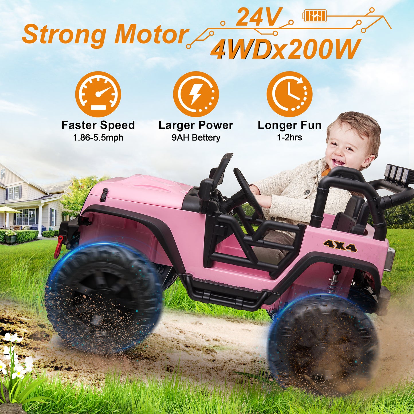 Joyracer 4x4 24V Kids Ride on Truck Car with Remote Control & 2 Seater,800W Motor, 9AH Battery Powered Ride on Toys w/ Spring Suspension,  3 Speeds,LED Lights, MP3/Bluetooth Music for Girl Boy, Pink