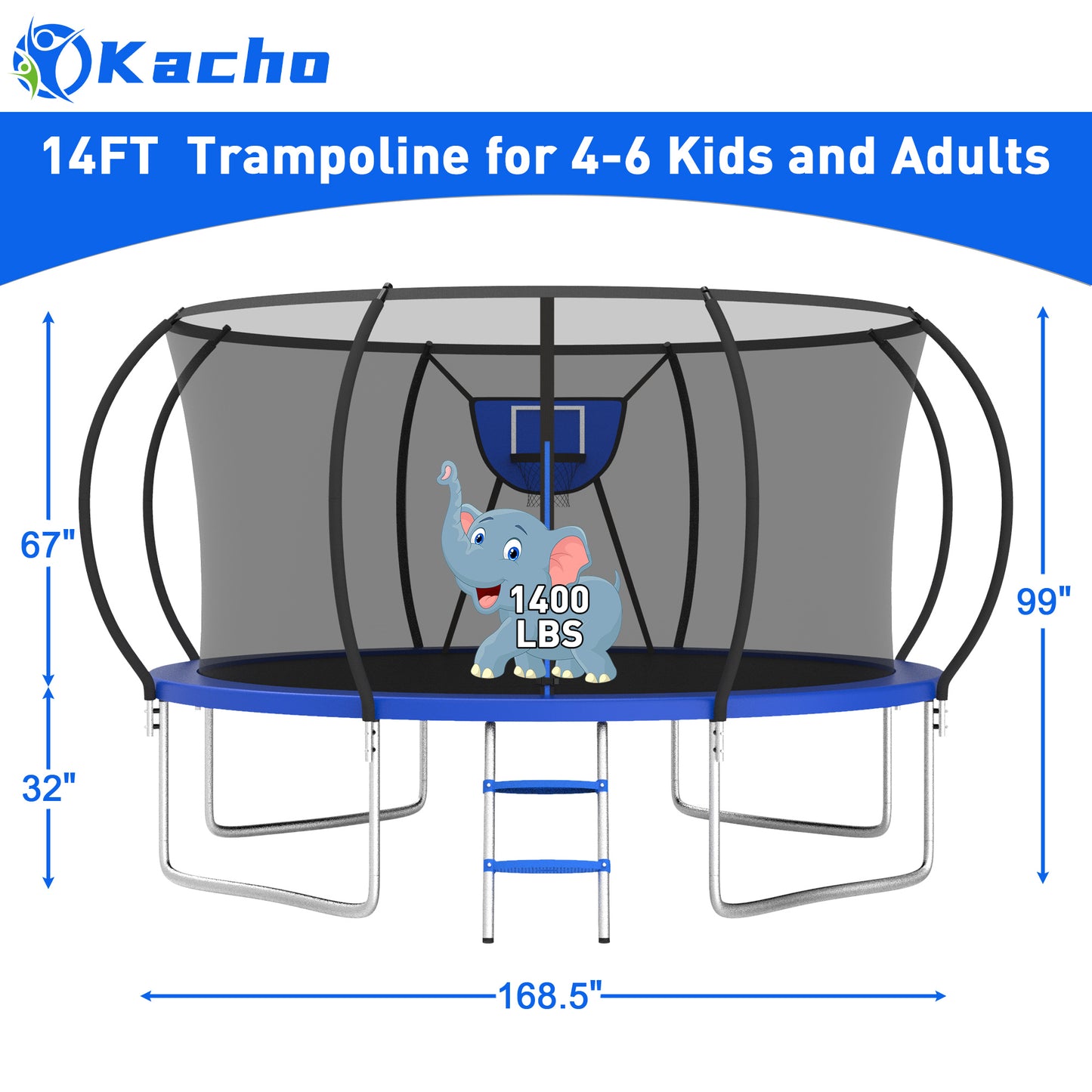 Kacho Trampoline for 4-5Kids and 1-2 Adults, 12FT 1200LBS Trampoline with Enclosure Net, Ladder, Backyard Trampoline with Basketball Hoop, Heavy Duty No-Gap Design Outdoor Recreational Trampoline