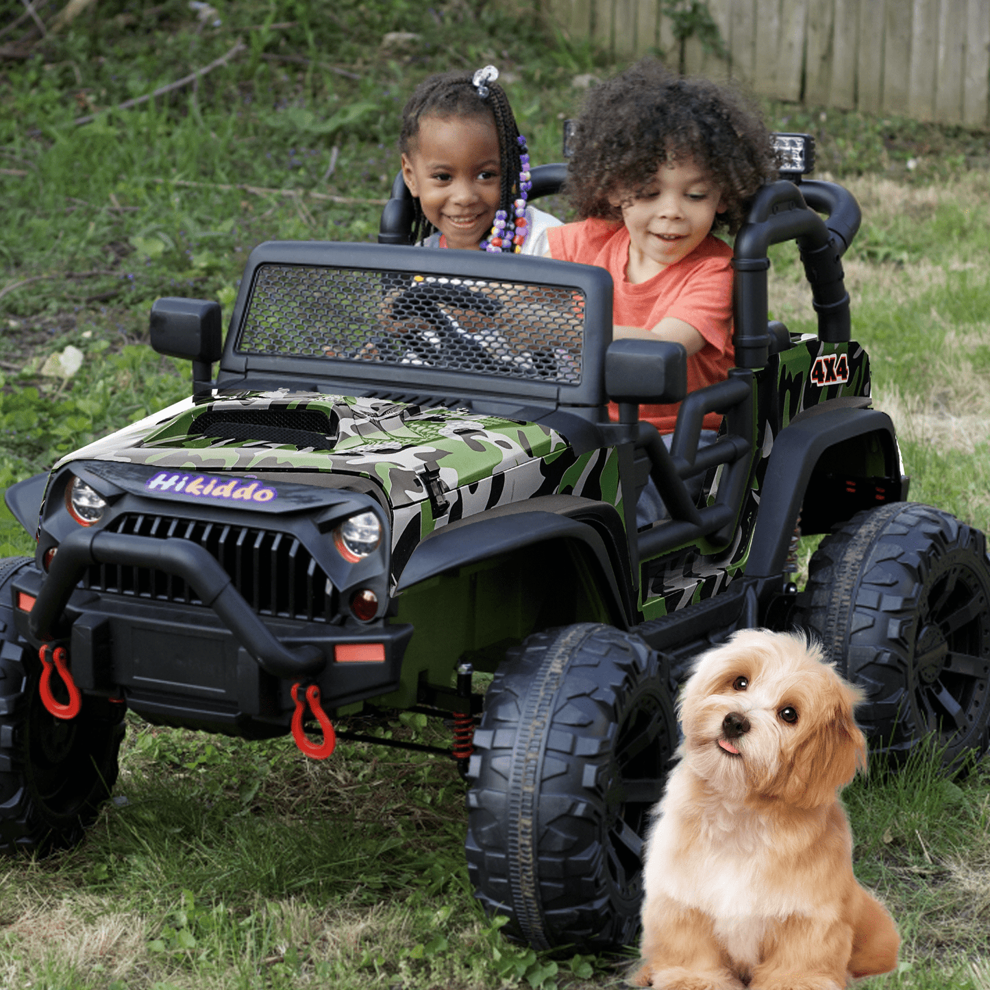 Hikiddo 24 Volt Ride on Toys, 2-Seater Ride on Truck Electric Car for Big Kids with Remote, Bluetooth - Army Green
