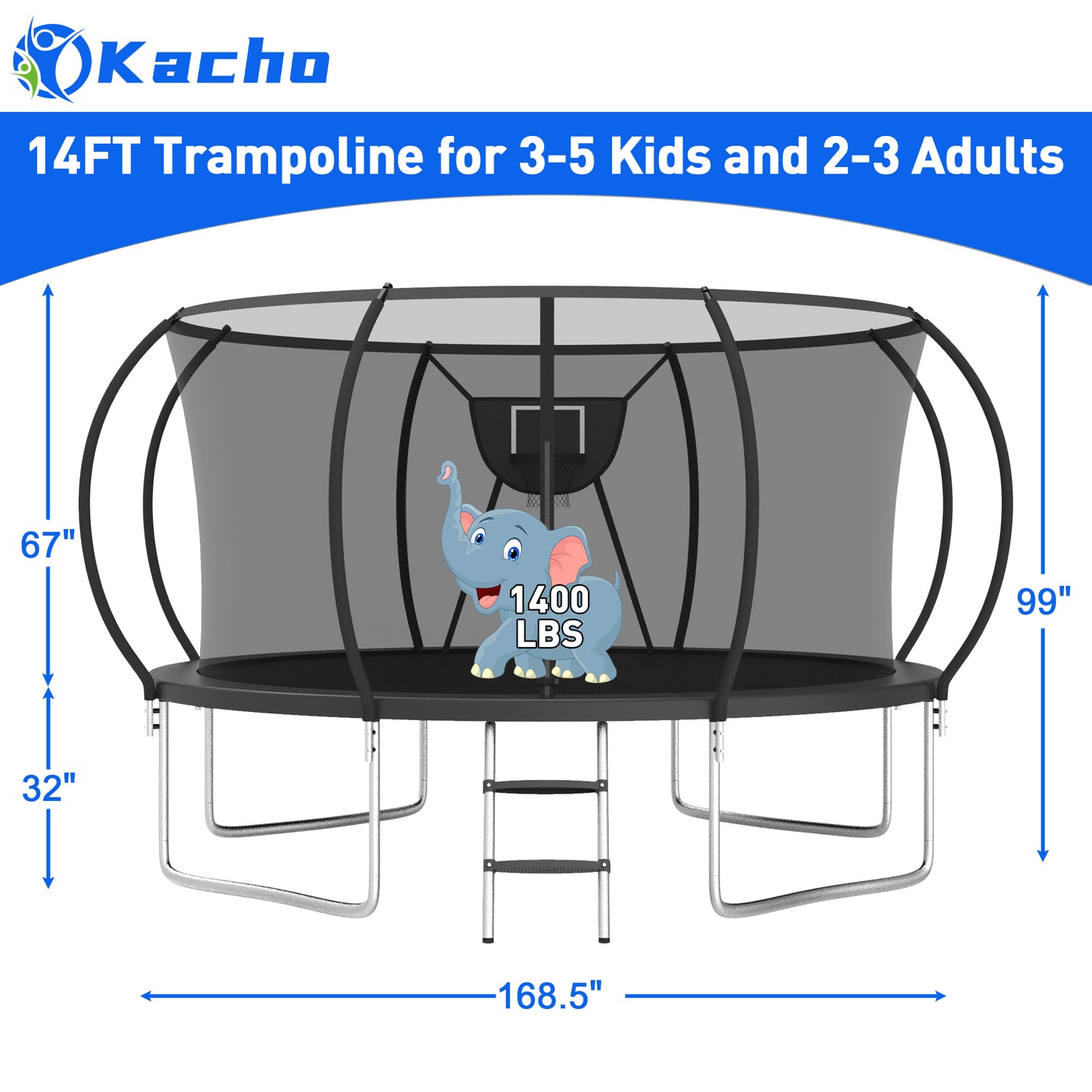 Kacho Trampoline for 4-5Kids and 1-2 Adults, 12FT 1200LBS Trampoline with Enclosure Net, Ladder, Backyard Trampoline with Basketball Hoop, Heavy Duty No-Gap Design Outdoor Recreational Trampoline