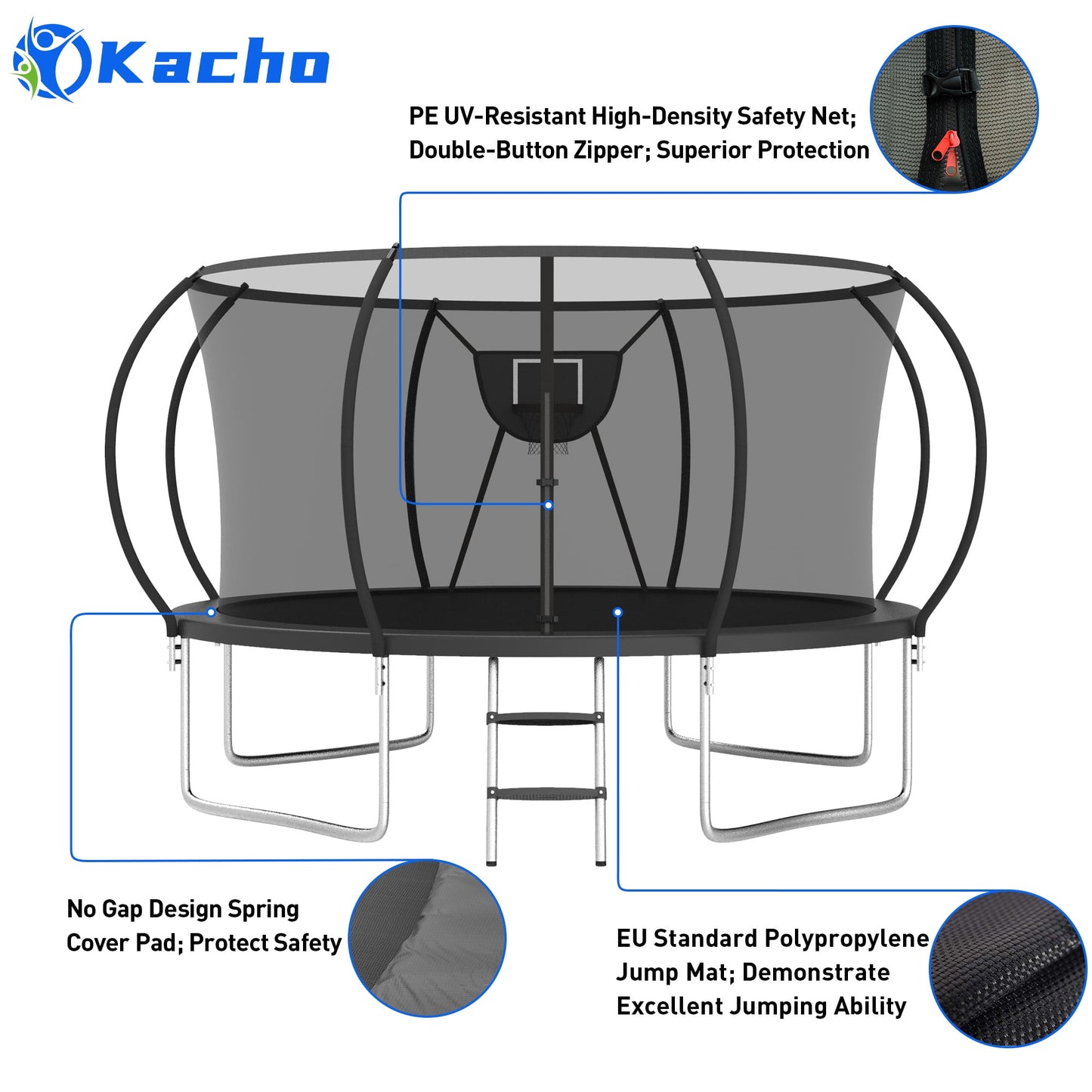 Kacho Trampoline for 4-5Kids and 1-2 Adults, 12FT 1200LBS Trampoline with Enclosure Net, Ladder, Backyard Trampoline with Basketball Hoop, Heavy Duty No-Gap Design Outdoor Recreational Trampoline