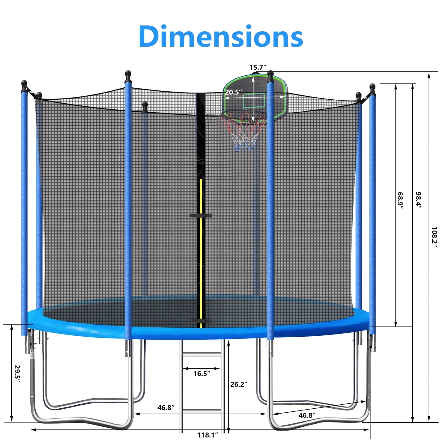 SEGMART 12FT Trampoline for Kids with Basketball Hoop and Enclosure Net/Ladder, Blue