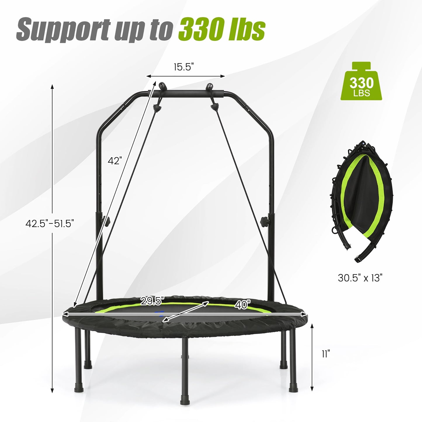 Costway 40'' Foldable Trampoline Fitness Rebounder with Resistance Bands Adjustable Home Green