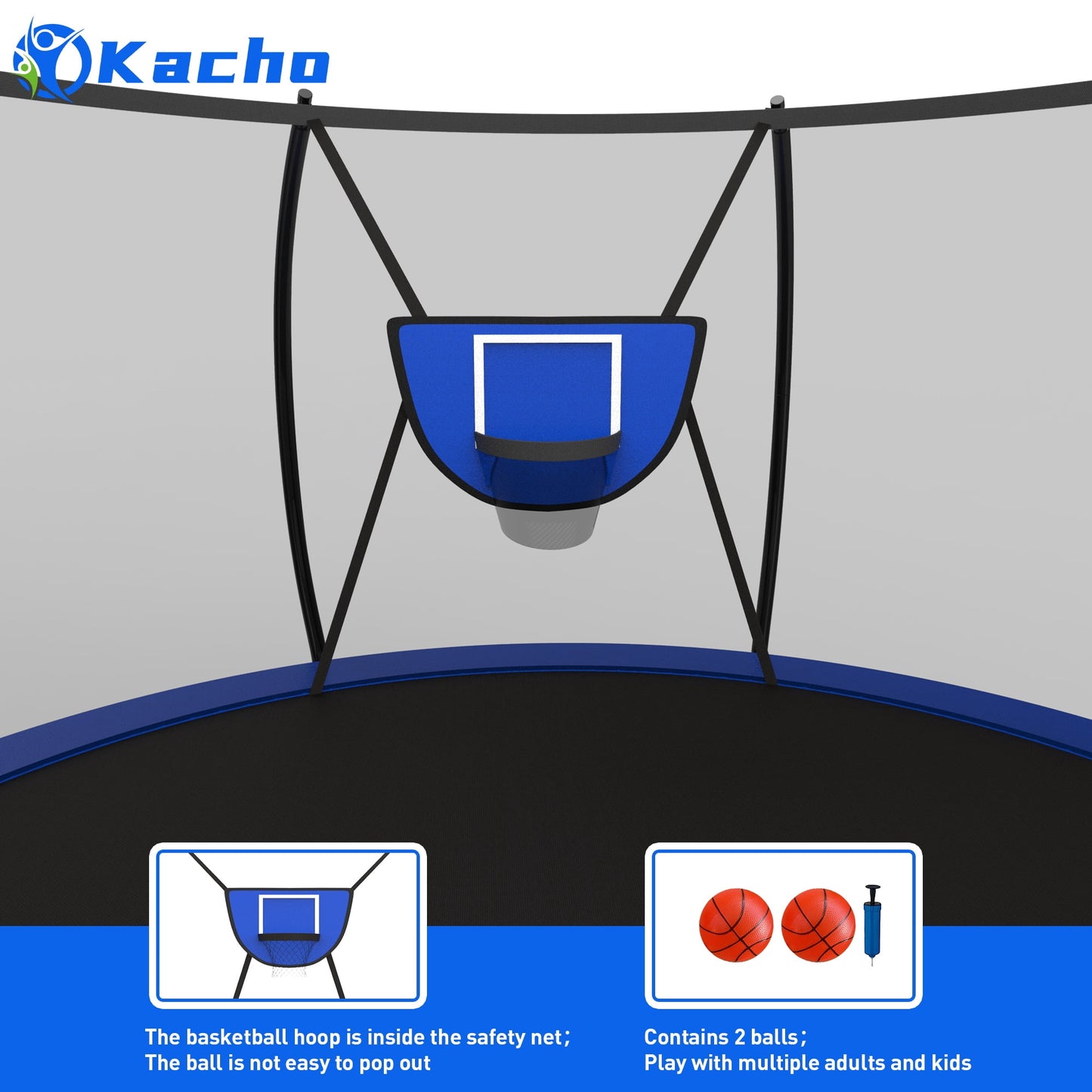 Kacho Trampoline for 4-5Kids and 1-2 Adults, 12FT 1200LBS Trampoline with Enclosure Net, Ladder, Backyard Trampoline with Basketball Hoop, Heavy Duty No-Gap Design Outdoor Recreational Trampoline