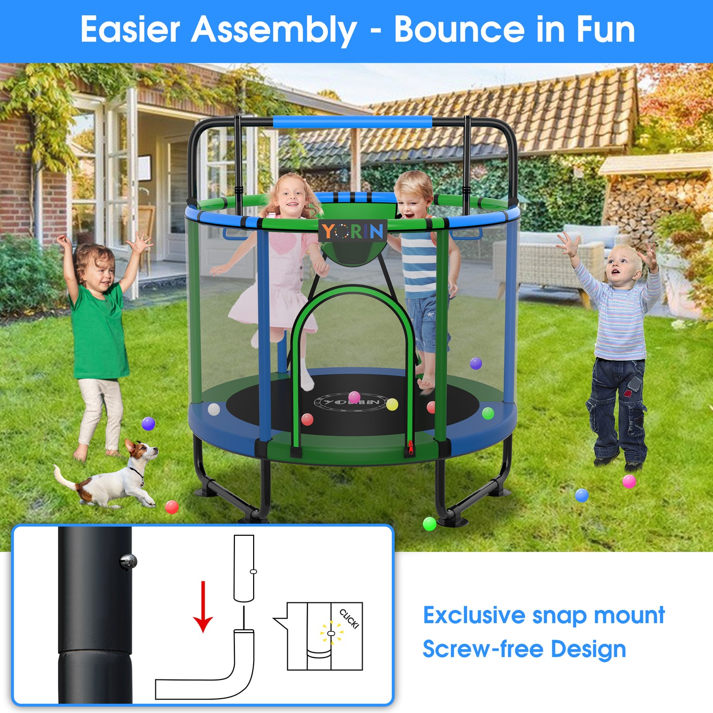 YORIN Trampoline for Kids, 60'' Toddler Mini Trampoline with Enclosure Net, Basketball Hoop, 5FT Indoor/Outdoor Kids Trampoline with Swing, Adjustable Gymnastics Bars, Gifts for Boys & Girls, 600LBS