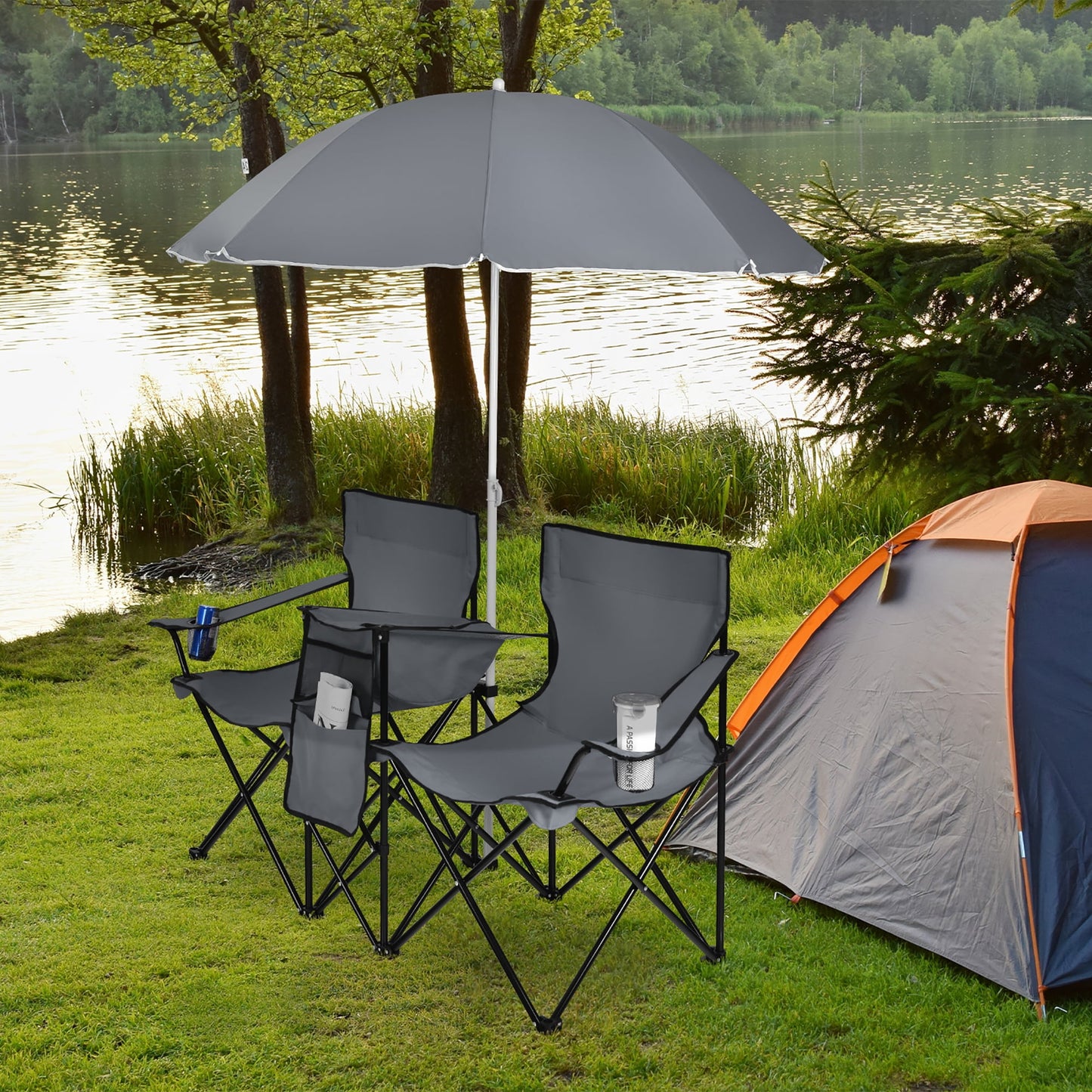 Costway Portable Folding Picnic Double Chair W/Umbrella Table Cooler Beach Camping Chair