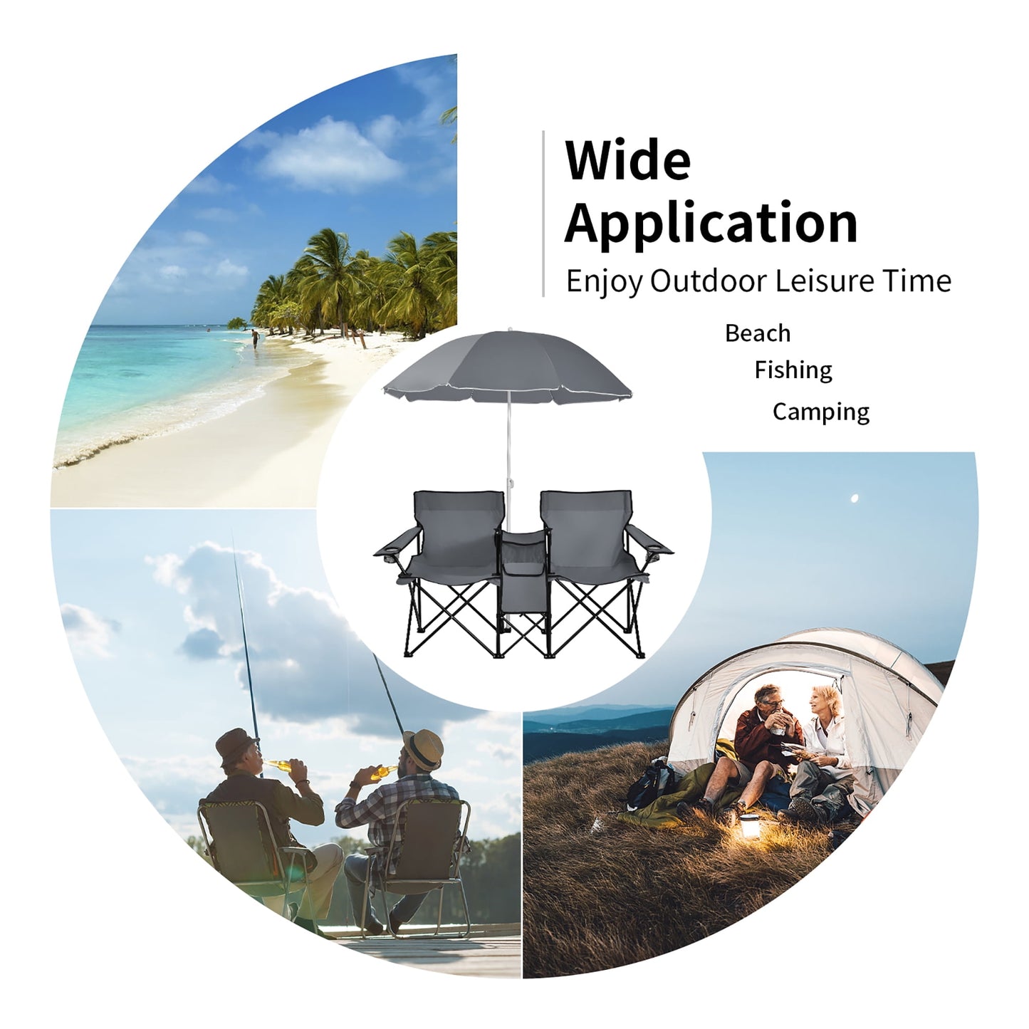 Costway Portable Folding Picnic Double Chair W/Umbrella Table Cooler Beach Camping Chair