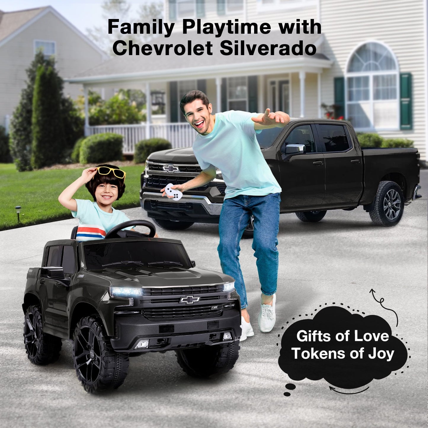 FUNTOK Licensed Chevrolet Silverado 12V Kids Electric Powered Ride on Toy Car with Remote Control & Music Player, Black