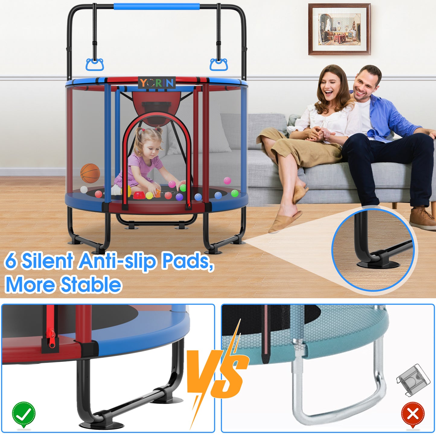 YORIN Trampoline for Kids, 60'' Toddler Mini Trampoline with Enclosure Net, Basketball Hoop, 5FT Indoor/Outdoor Kids Trampoline with Swing, Adjustable Gymnastics Bars, Gifts for Boys & Girls, 600LBS