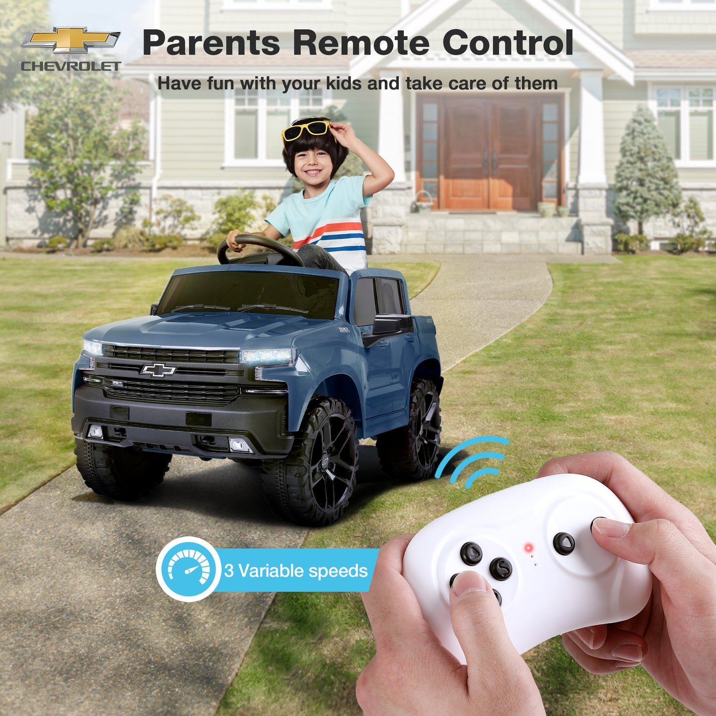 FUNTOK Licensed Chevrolet Silverado 12V Kids Electric Powered Ride on Toy Car with Remote Control & Music Player, Black