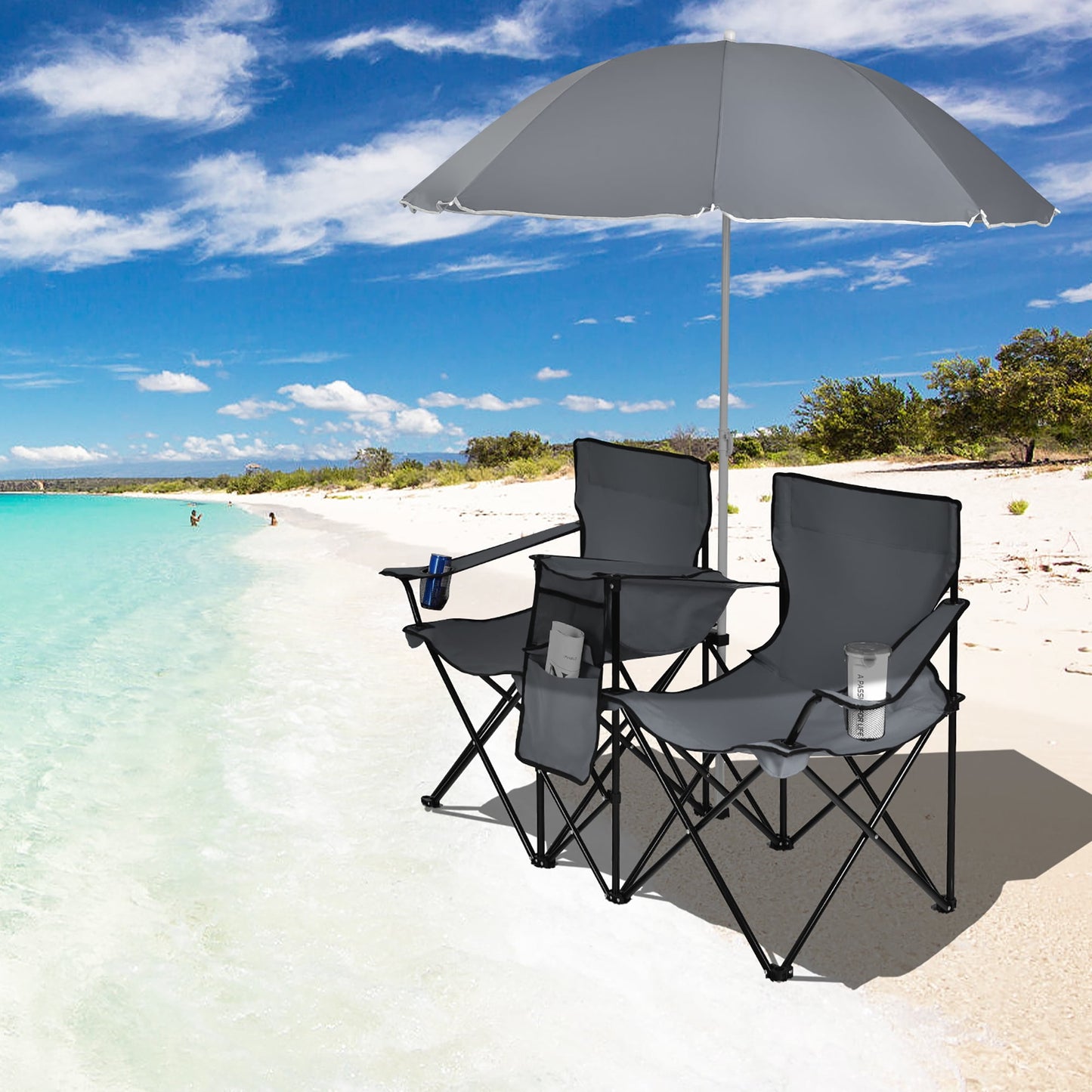 Costway Portable Folding Picnic Double Chair W/Umbrella Table Cooler Beach Camping Chair