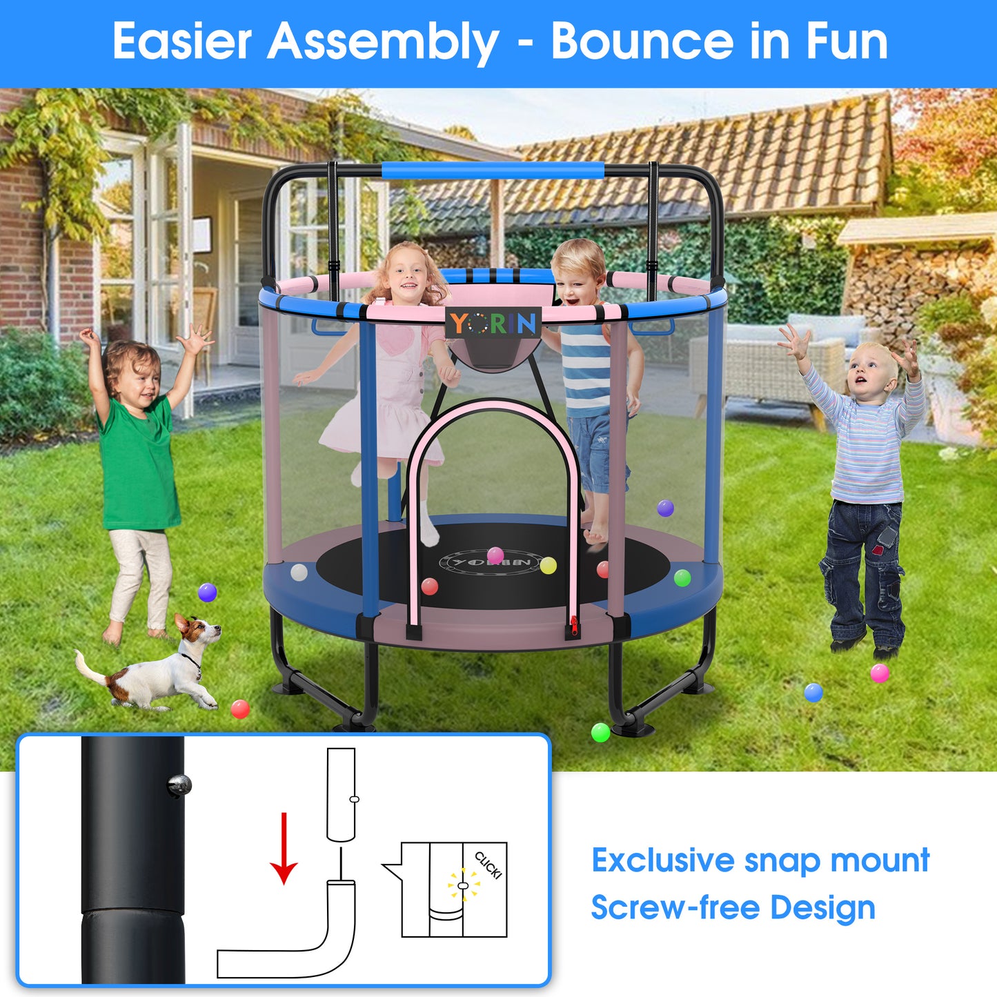 YORIN Trampoline for Kids, 60'' Toddler Mini Trampoline with Enclosure Net, Basketball Hoop, 5FT Indoor/Outdoor Kids Trampoline with Swing, Adjustable Gymnastics Bars, Gifts for Boys & Girls, 600LBS