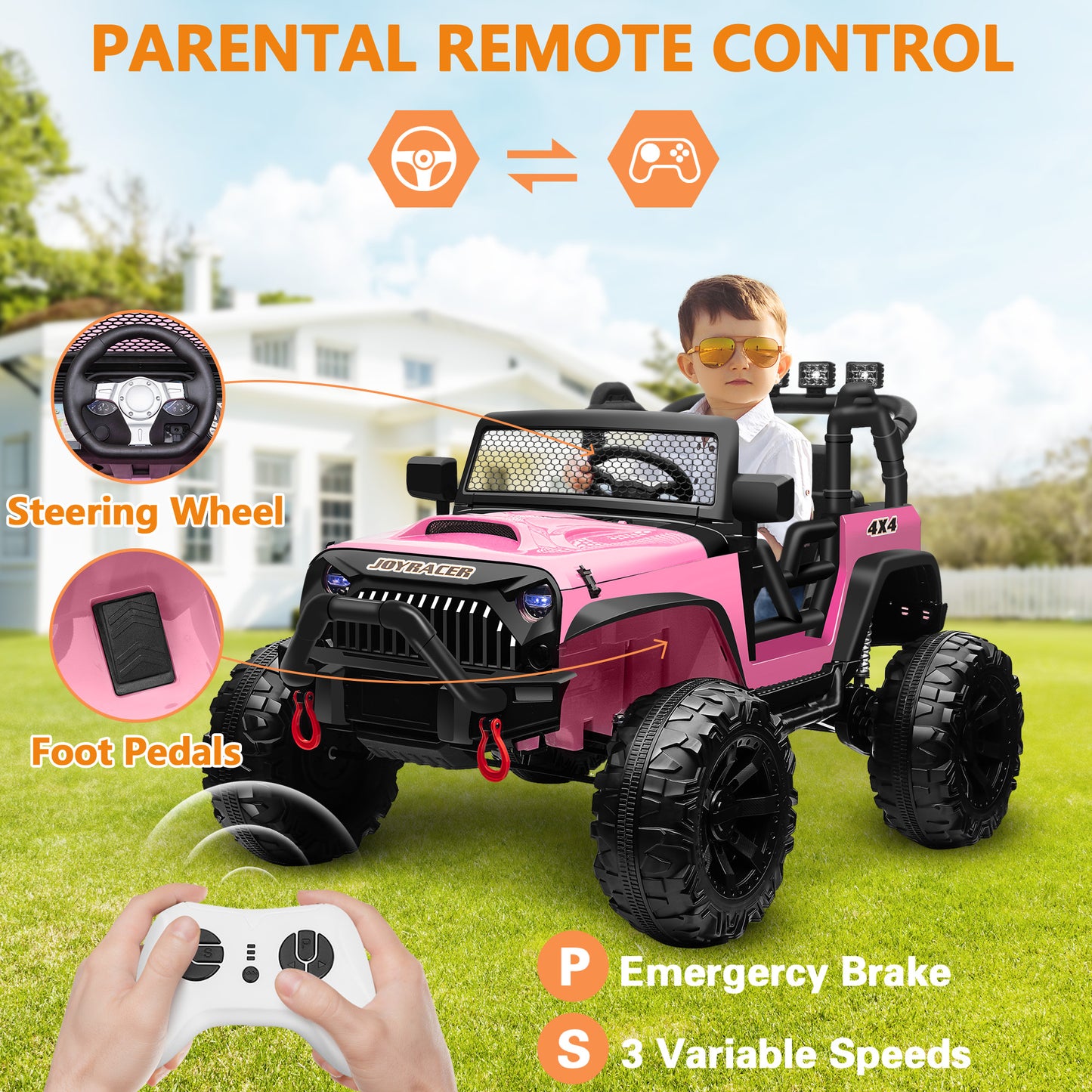 Joyracer 4x4 24V Kids Ride on Truck Car with Remote Control & 2 Seater,800W Motor, 9AH Battery Powered Ride on Toys w/ Spring Suspension,  3 Speeds,LED Lights, MP3/Bluetooth Music for Girl Boy, Pink