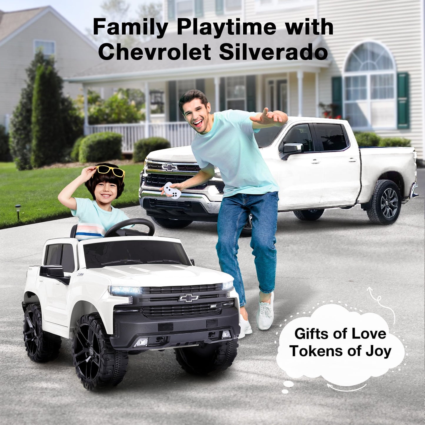 FUNTOK Licensed Chevrolet Silverado 12V Kids Electric Powered Ride on Toy Car with Remote Control & Music Player, Black