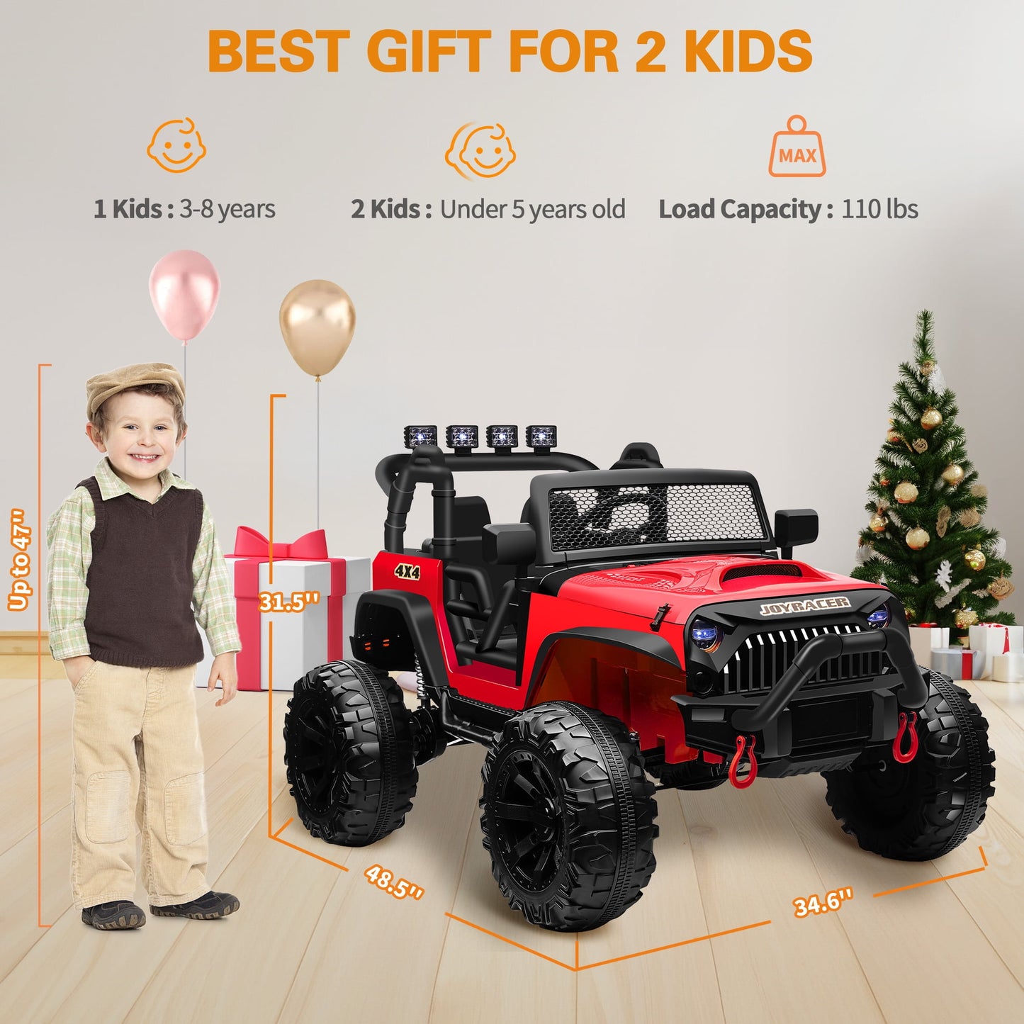 Joyracer 4x4 24V Kids Ride on Truck Car with Remote Control & 2 Seater,800W Motor, 9AH Battery Powered Ride on Toys w/ Spring Suspension,  3 Speeds,LED Lights, MP3/Bluetooth Music for Girl Boy, Pink