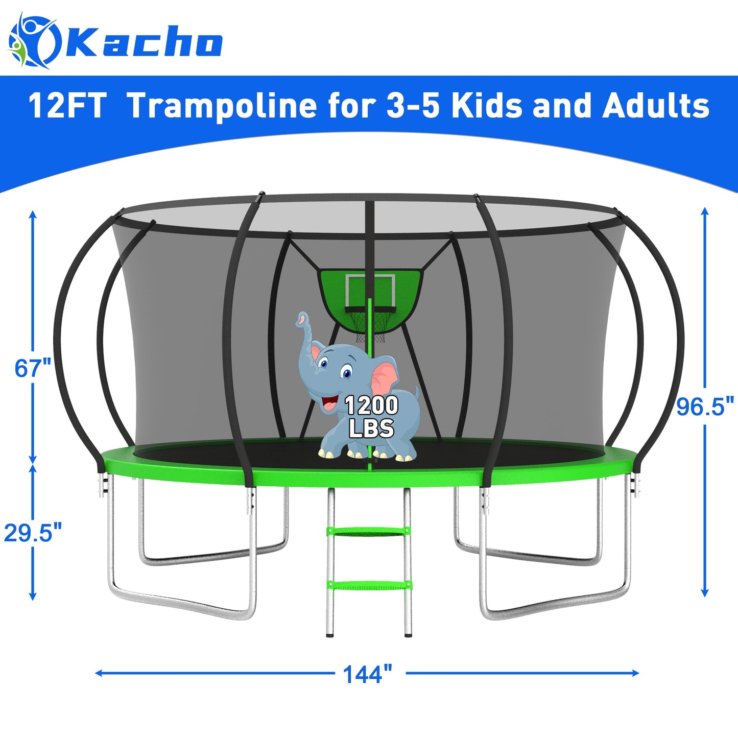 Kacho Trampoline for 4-5Kids and 1-2 Adults, 12FT 1200LBS Trampoline with Enclosure Net, Ladder, Backyard Trampoline with Basketball Hoop, Heavy Duty No-Gap Design Outdoor Recreational Trampoline