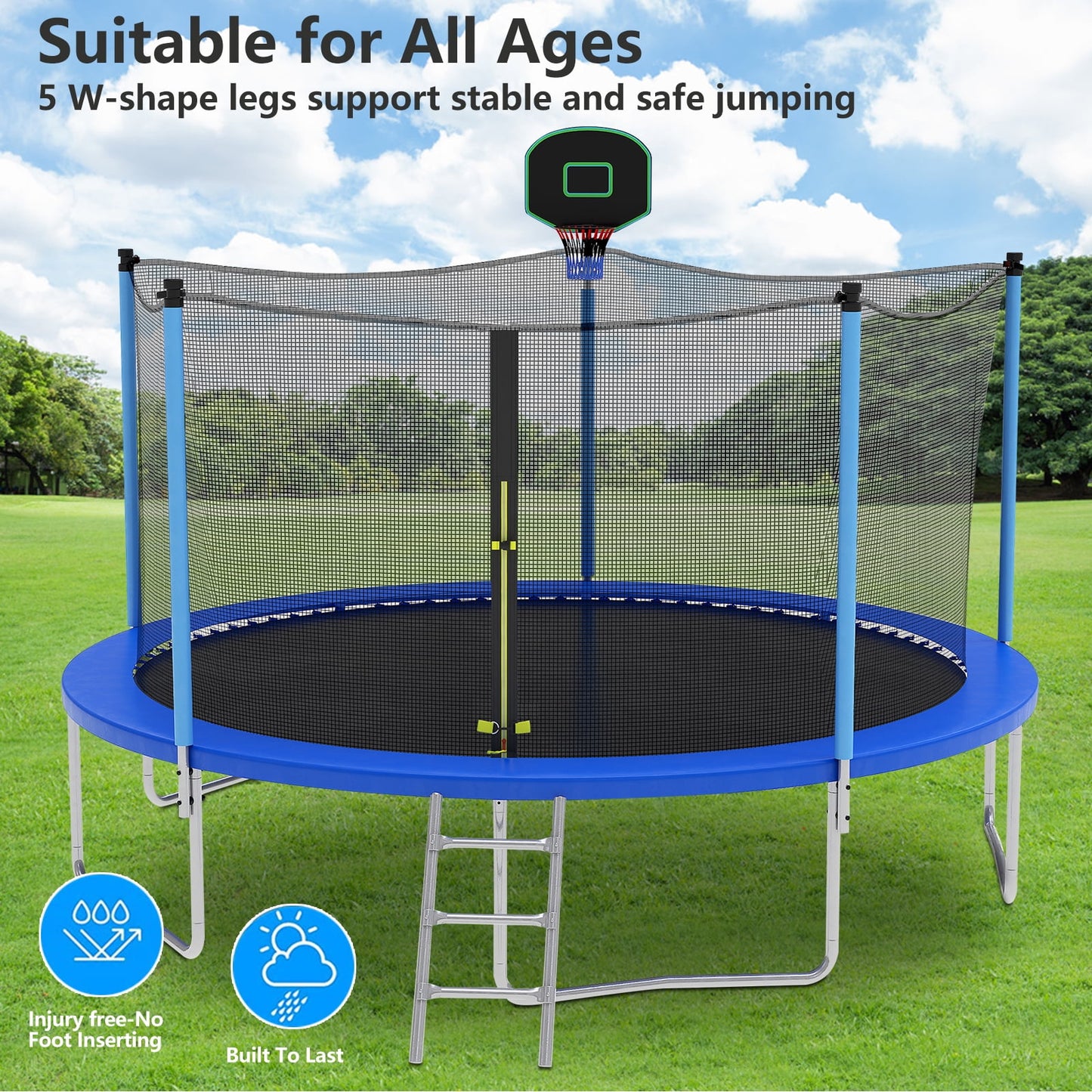 SEGMART 12FT Trampoline for Kids with Basketball Hoop and Enclosure Net/Ladder, Blue