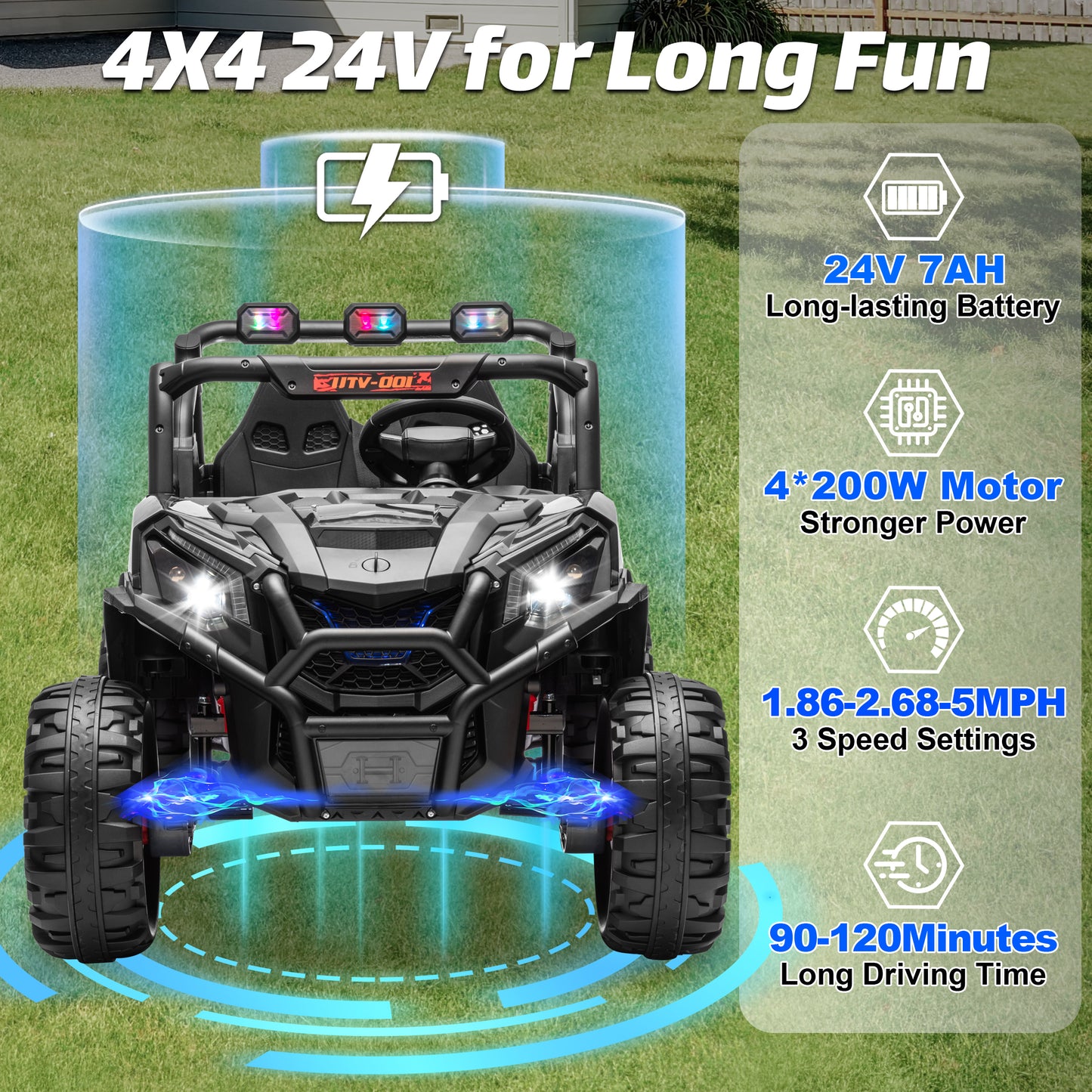 Joyracer 4WD 24V Ride on Toys Car w/ 2 XL Seater Remote Control, Electric Off-Road UTV w/ 4*200W Motor, Powered 4-Wheeler Toy, LED Lights, Spring Suspension, 3 Speeds, Bluetooth Music, Black