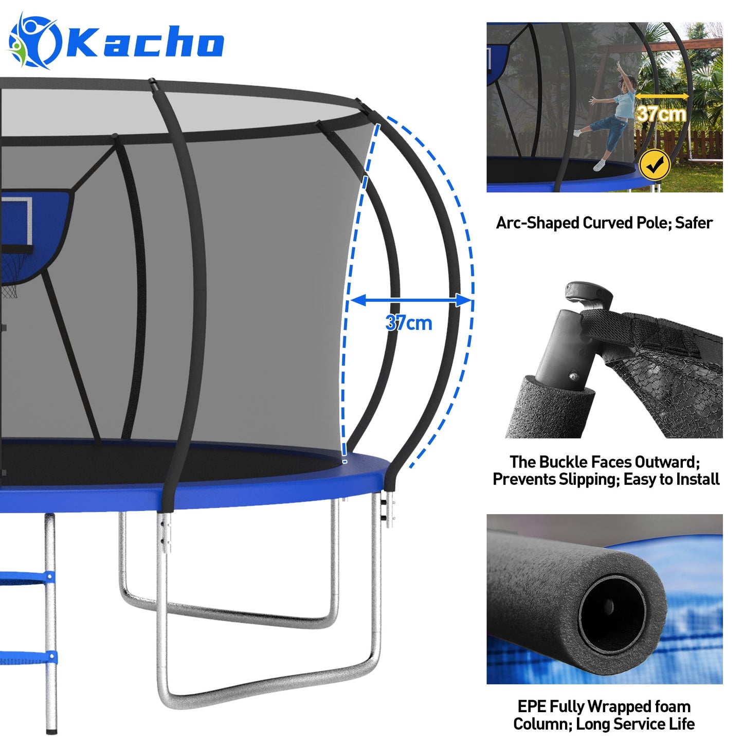 Kacho Trampoline for 4-5Kids and 1-2 Adults, 12FT 1200LBS Trampoline with Enclosure Net, Ladder, Backyard Trampoline with Basketball Hoop, Heavy Duty No-Gap Design Outdoor Recreational Trampoline