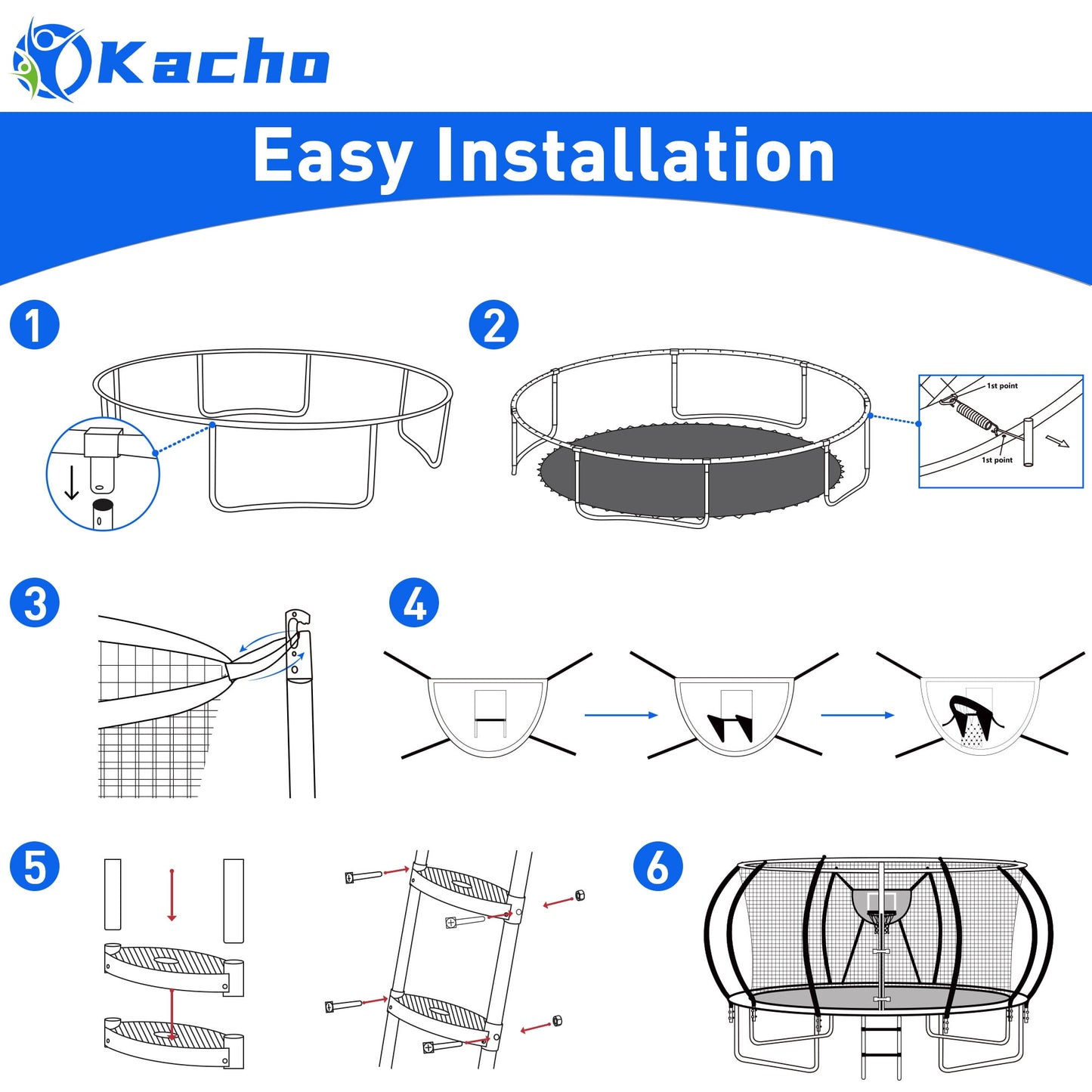 Kacho Trampoline for 4-5Kids and 1-2 Adults, 12FT 1200LBS Trampoline with Enclosure Net, Ladder, Backyard Trampoline with Basketball Hoop, Heavy Duty No-Gap Design Outdoor Recreational Trampoline