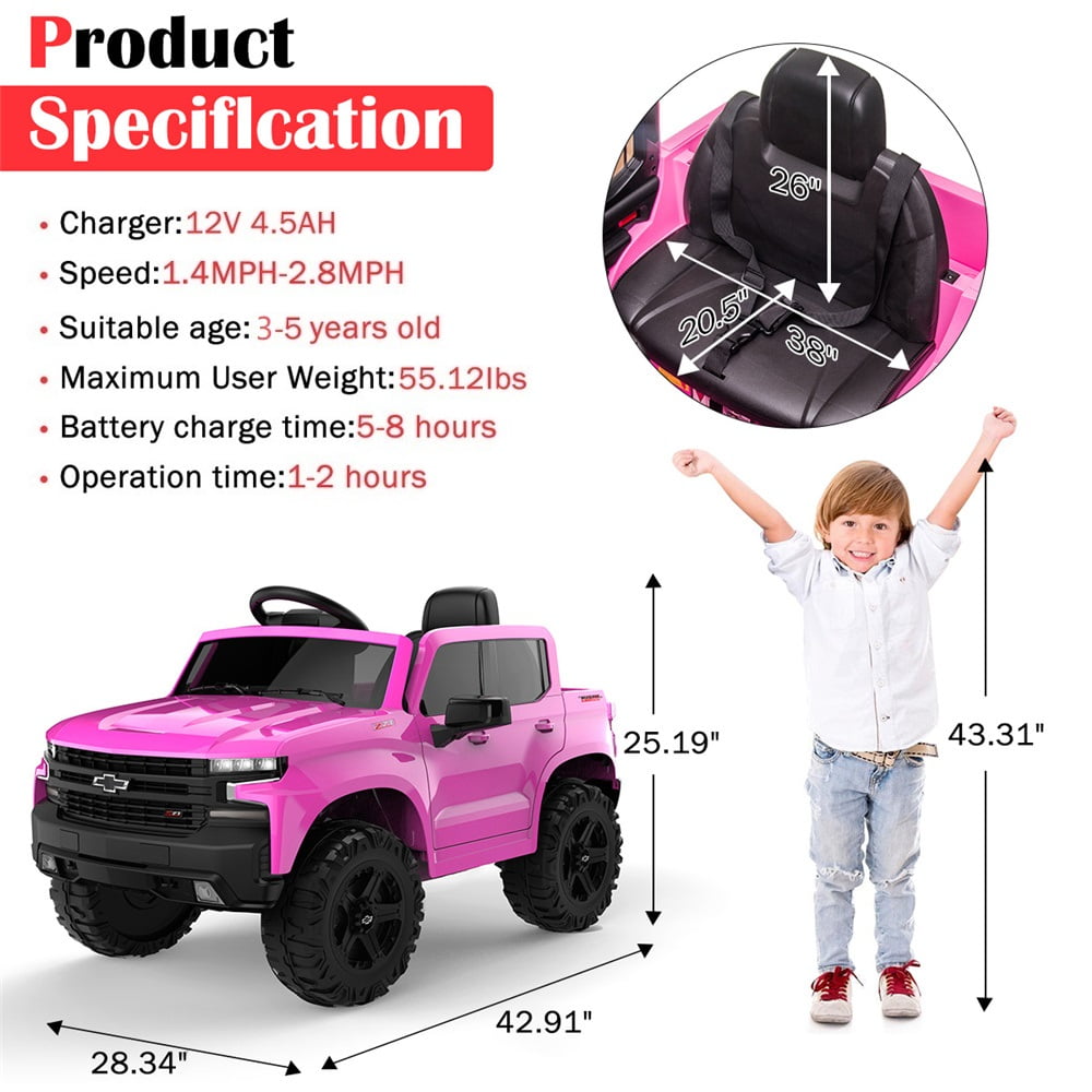 Chevrolet Silverado 12V Ride on Truck, Black Ride on Toys with Remote Control, Battery Powered Ride on Cars for Boys, Electric Cars for Kids to Ride, LED Lights, MP3 Music, Foot Pedal, CL220