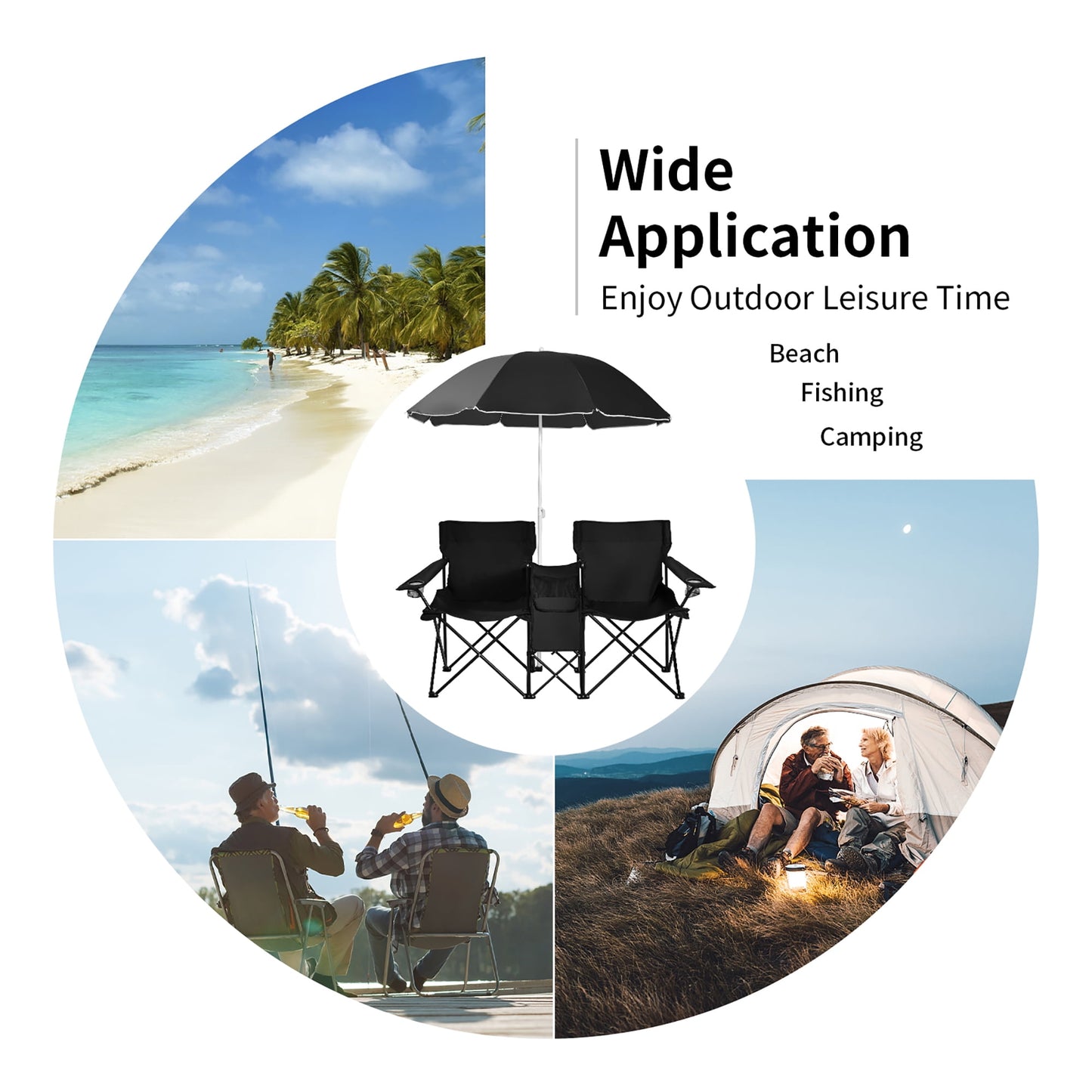 Costway Portable Folding Picnic Double Chair W/Umbrella Table Cooler Beach Camping Chair
