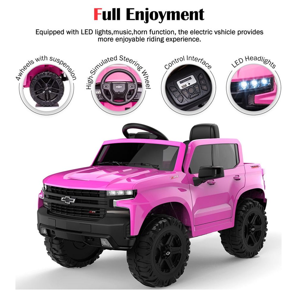 Chevrolet Silverado 12V Ride on Truck, Black Ride on Toys with Remote Control, Battery Powered Ride on Cars for Boys, Electric Cars for Kids to Ride, LED Lights, MP3 Music, Foot Pedal, CL220